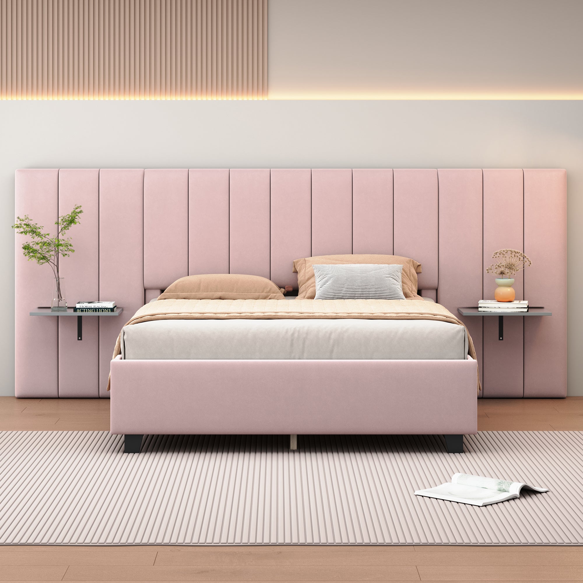 🆓🚛 Queen Size Upholstered Platform Bed with Big Headboard, Bedroom Furniture, Velvet, Pink