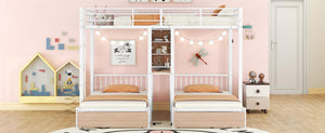 Full Over Twin & Twin Triple Bunk Bed with Drawers, Multi-functional Metal Frame Bed with desks and shelves in the middle, White