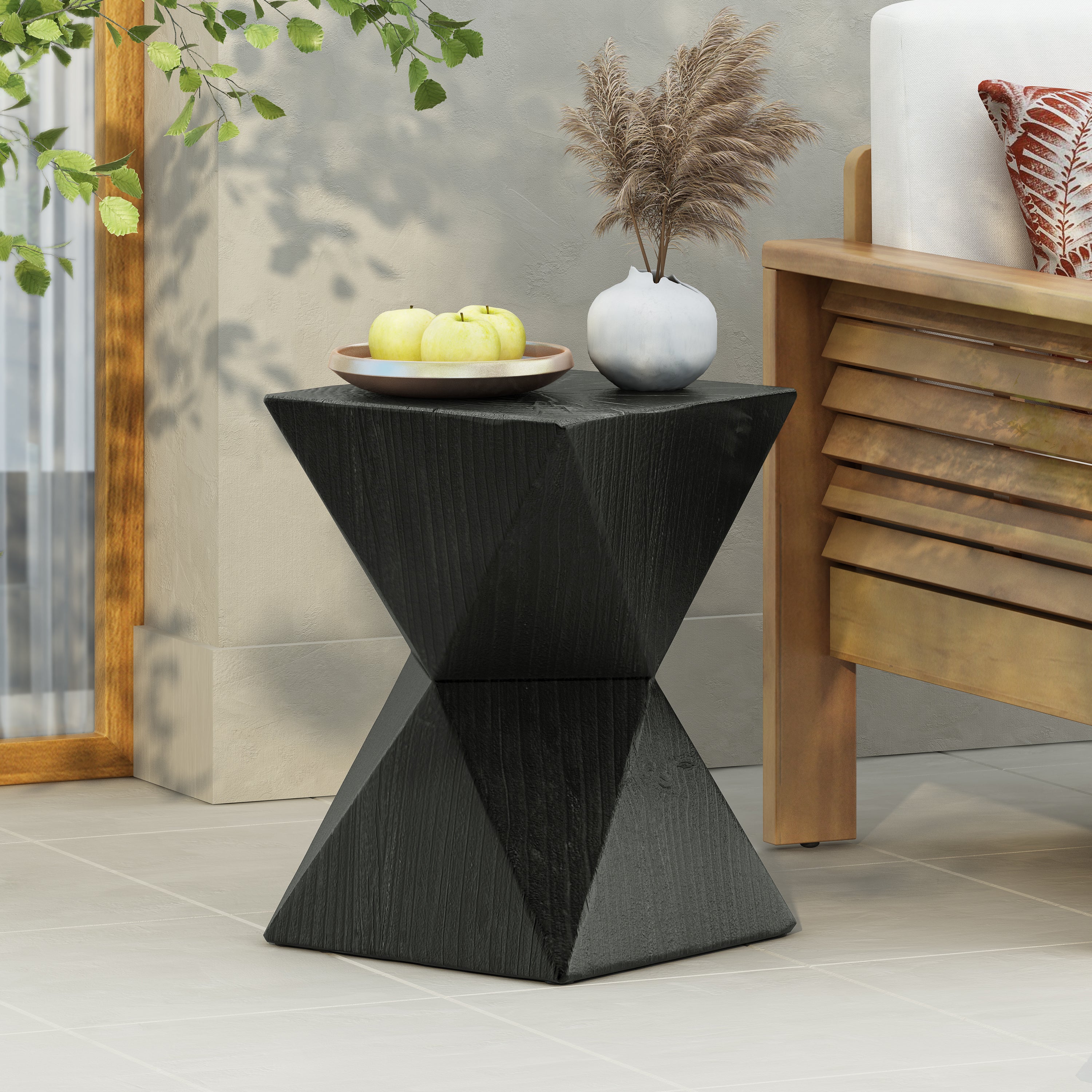 14.25" Black Concrete Side Table With Rustic Hand-Carved Texture and Unique Symmetric Form, Weather-Resistant, Accent for Patio, Garden, Or Balcony