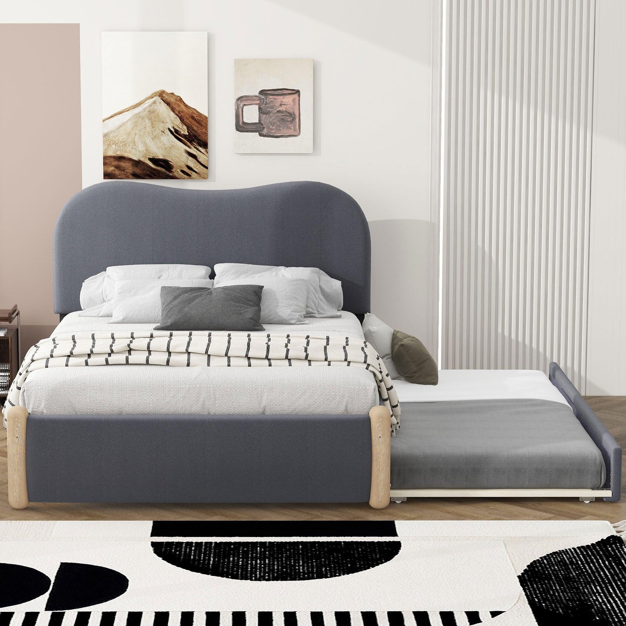 🆓🚛 Full Size Upholstered Platform Bed With Wood Supporting Feet & Twin Size Trundle, Gray