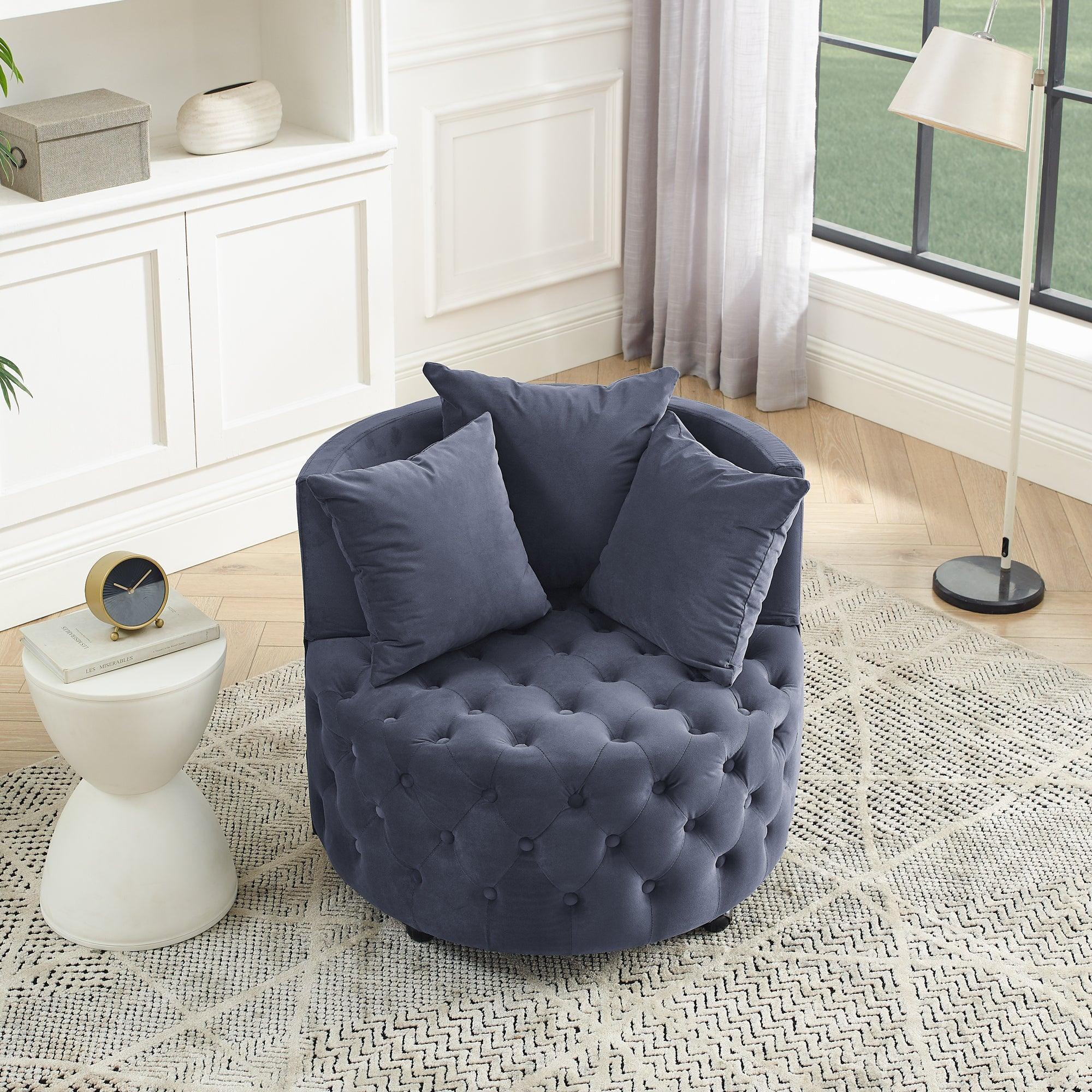 🆓🚛 Velvet Upholstered Swivel Chair for Living Room, With Button Tufted Design & Movable Wheels, Including 3 Pillows, Gray