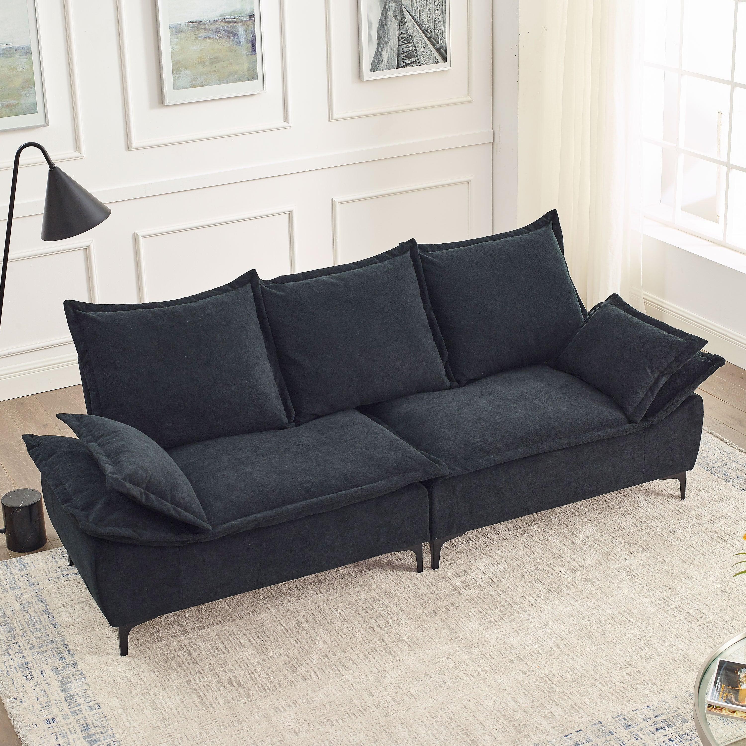 🆓🚛 88.5" Modern Sailboat Sofa Dutch Velvet 3-Seater Sofa With Two Pillows, Black