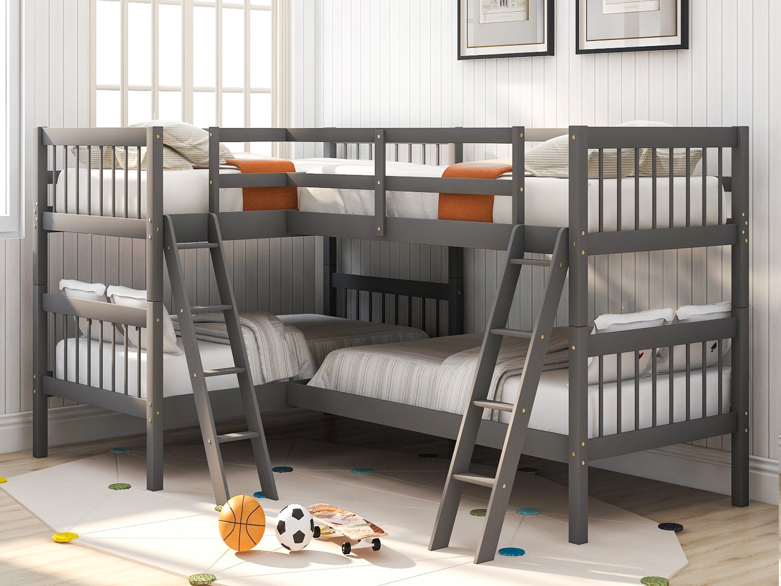 L-Shaped Bunk Bed with Ladder, Twin Size-Gray