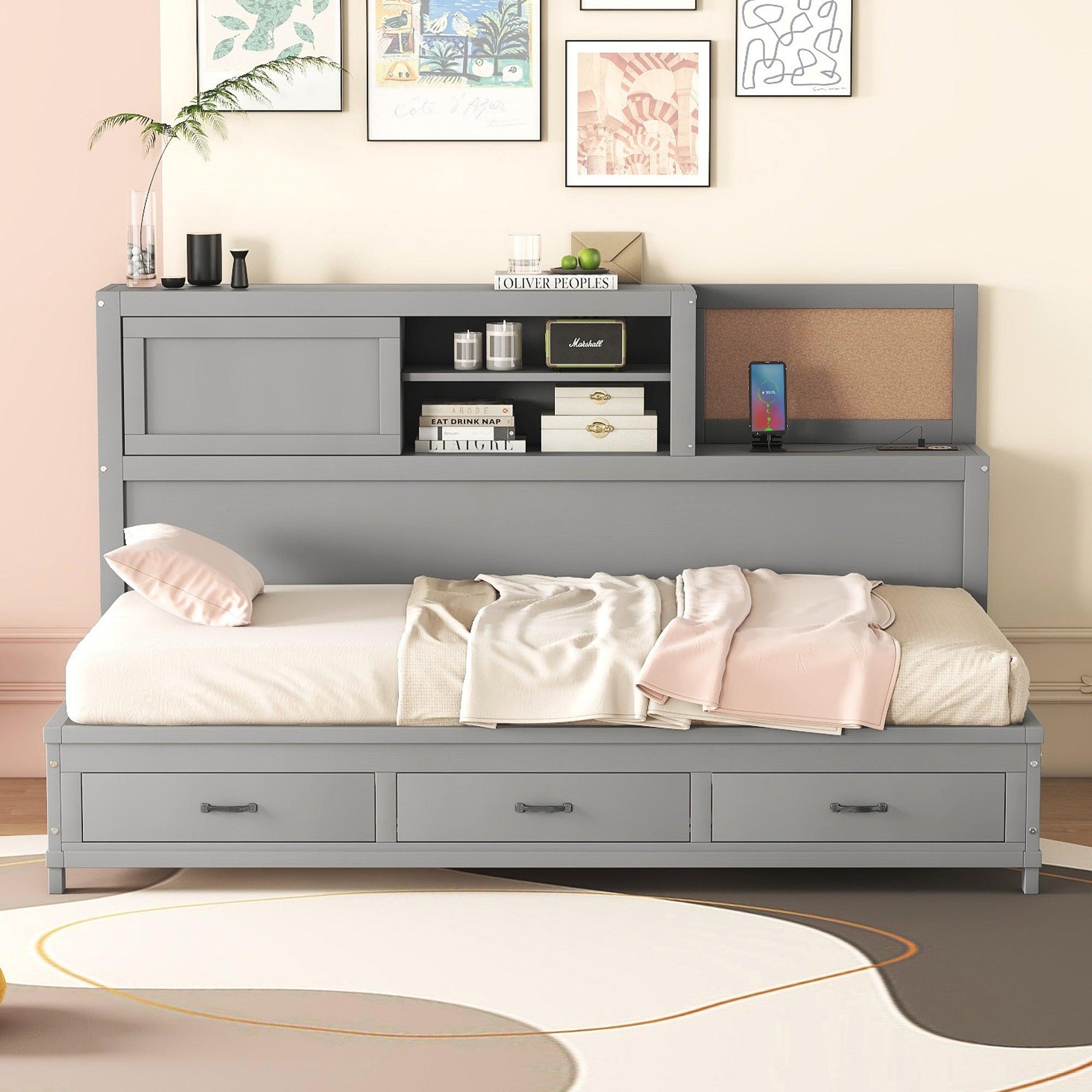 🆓🚛 Twin Size Wooden Daybed With 3 Storage Drawers, Upper Soft Board, Shelf, Set Of Sockets & Usb Ports, Gray