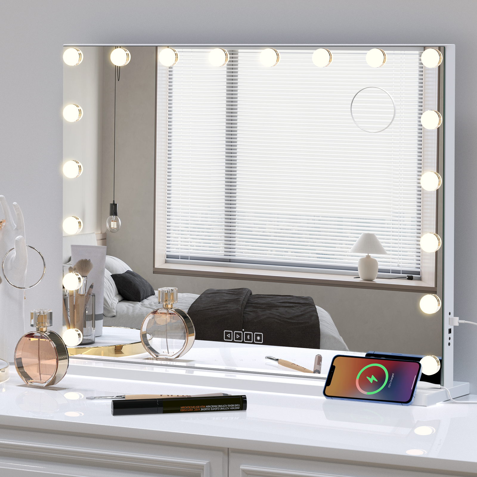 Hollywood Vanity Mirror With Speaker and Lights: 18 Bulbs, 3 Light Colors, Adjustable Brightness, Usb Charging Port - Tabletop Or Wall Mountable Beauty Mirror for Bedroom