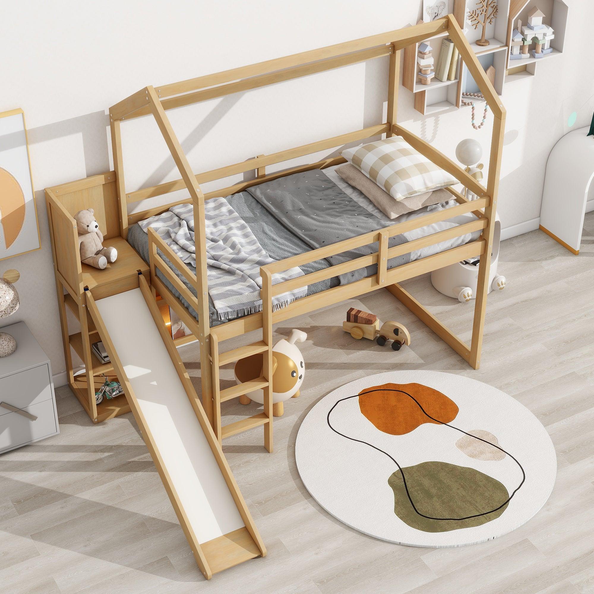 🆓🚛 Twin Size Wood House Loft Bed With Slide, Storage Shelves & Light, Climbing Ramp, Wood Color