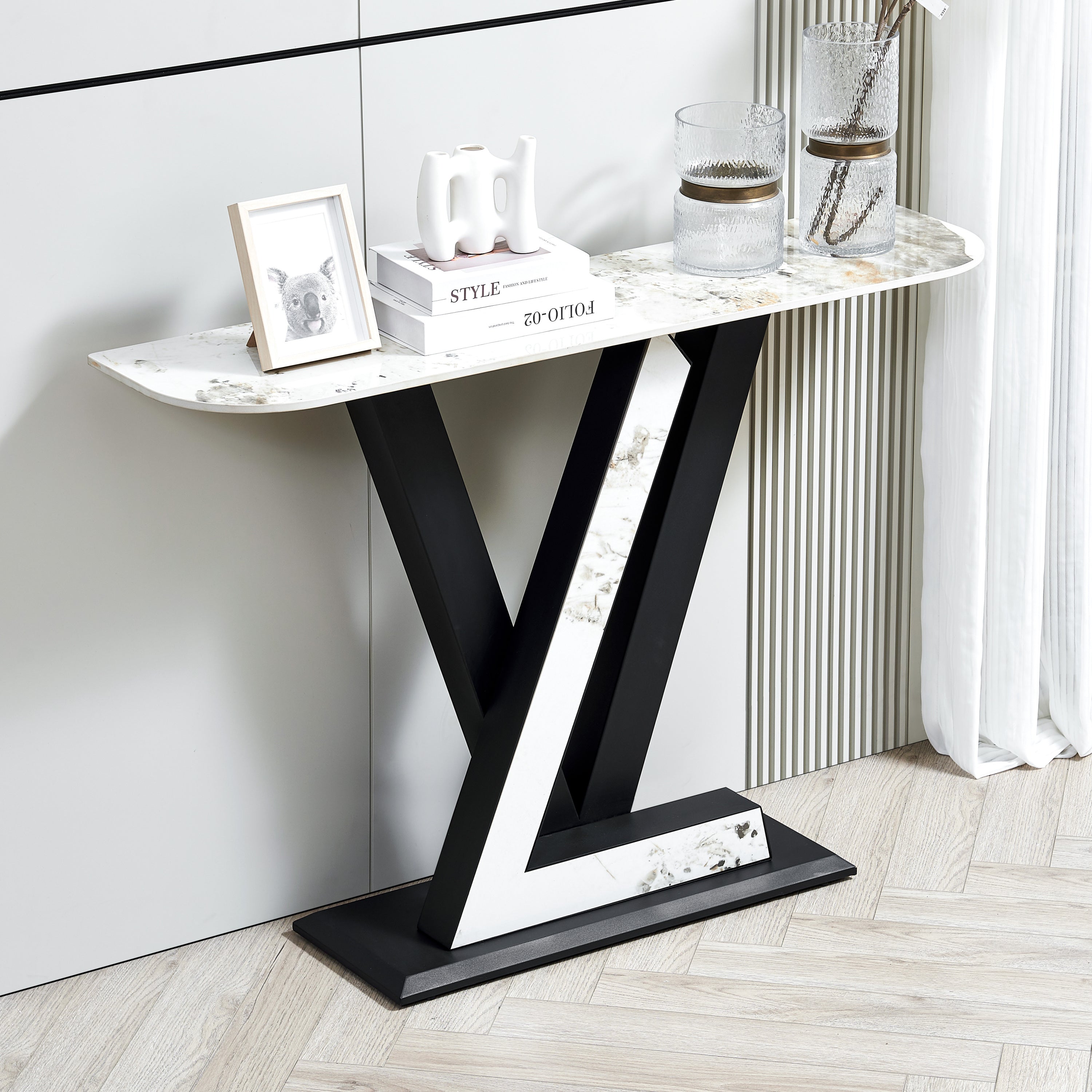 47.2" Modern Console Table, Exquisite Shape Design, Metal Frame With Adjustable Foot Pads for Entrance, Corridor, Living Room & Office (Black)