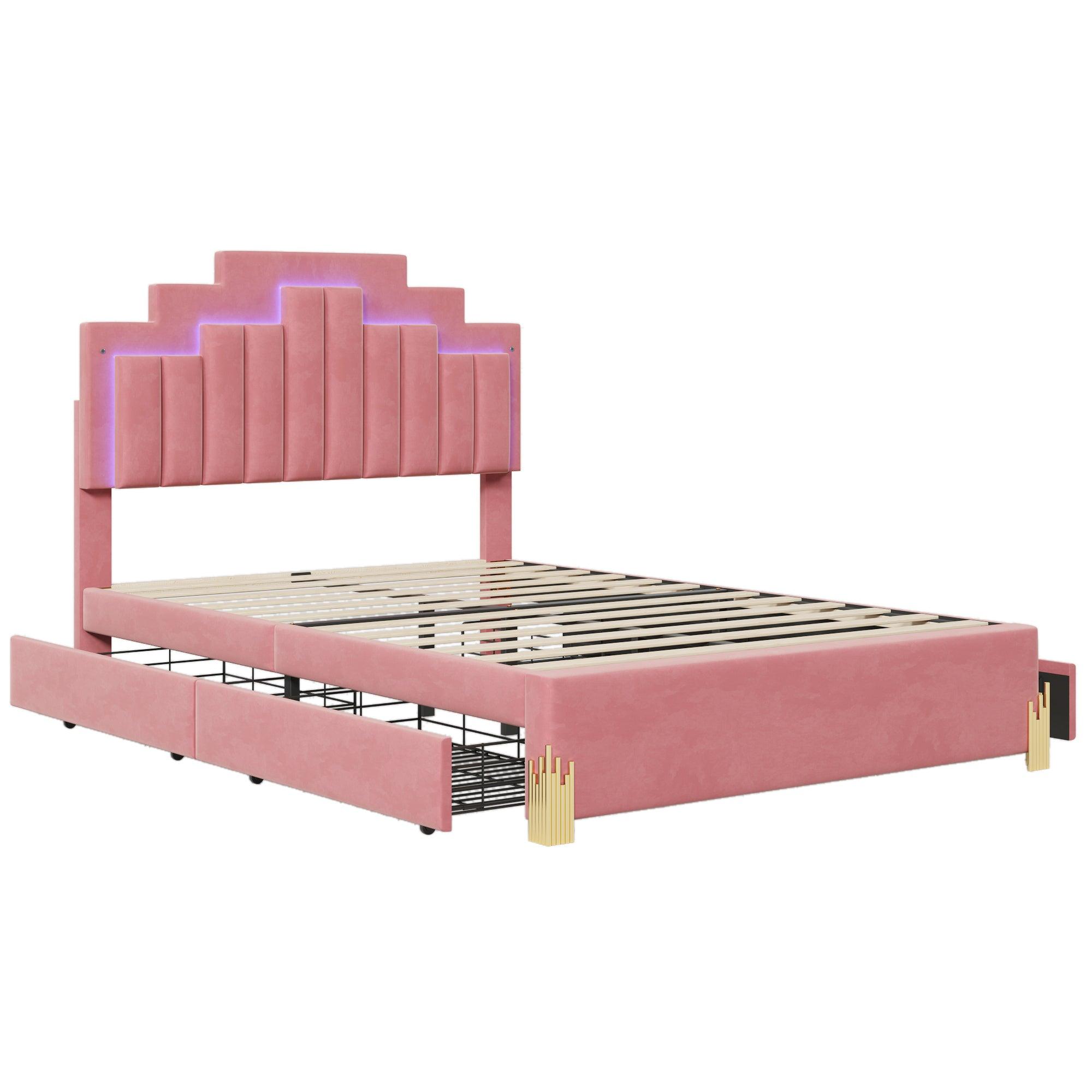 Full Size Upholstered Platform Bed with LED Lights and 4 Drawers, Stylish Irregular Metal Bed Legs Design, Pink