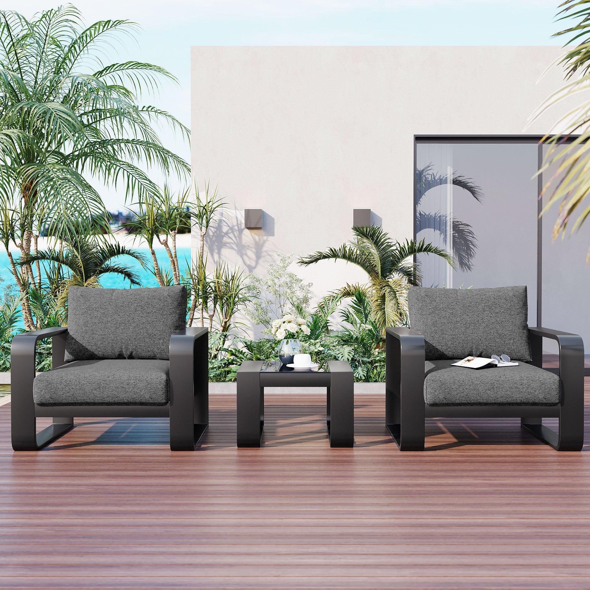 🆓🚛 3-pieces Aluminum Frame Patio Furniture With 6.7" Thick Cushion & Coffee Table, All Weather Use Olefin fabric Outdoor Chair, Gray And Black