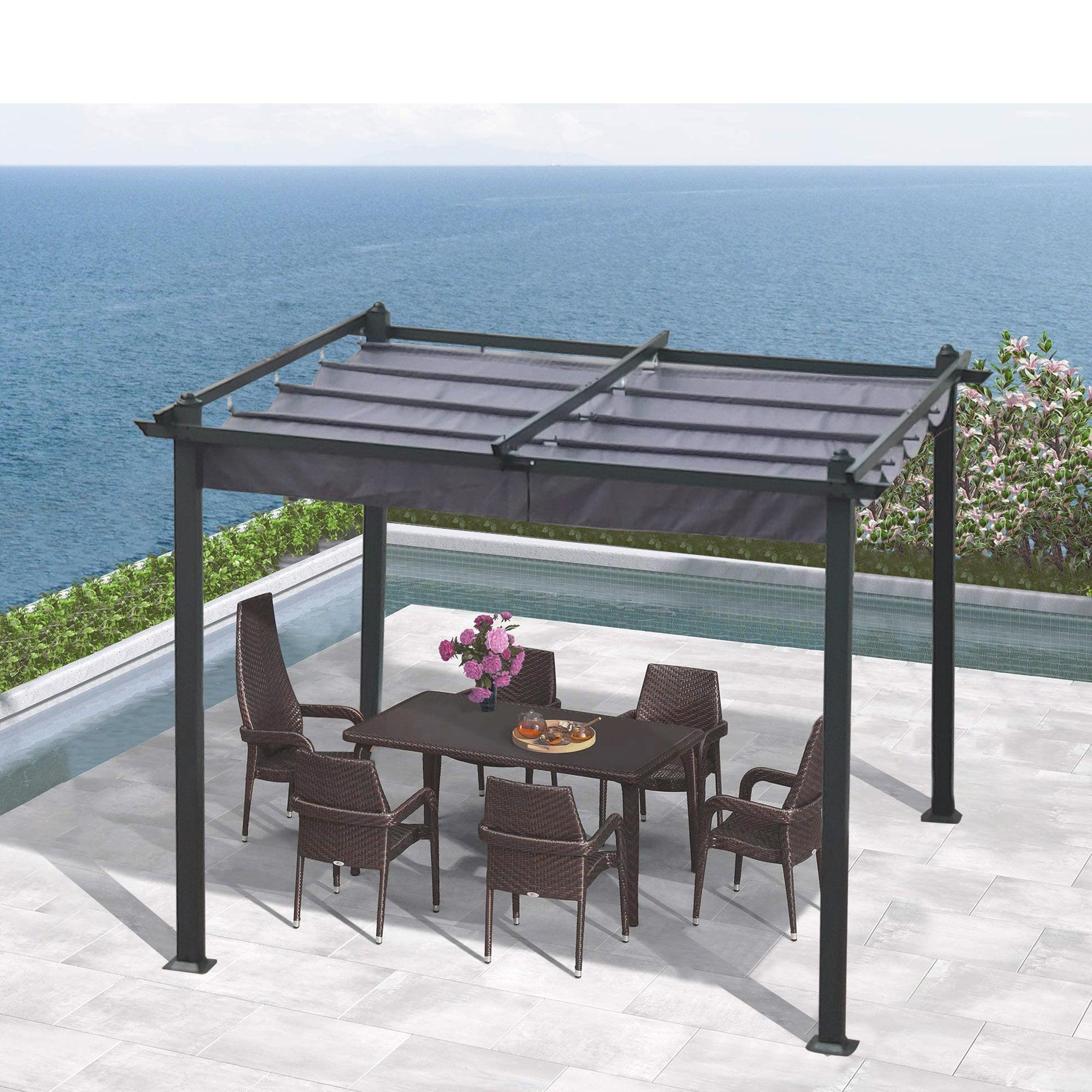 🆓🚛 10X10 Ft Outdoor Patio Retractable Pergola With Canopy Sunshelter Pergola for Gardens, Terraces, Backyard, Gray