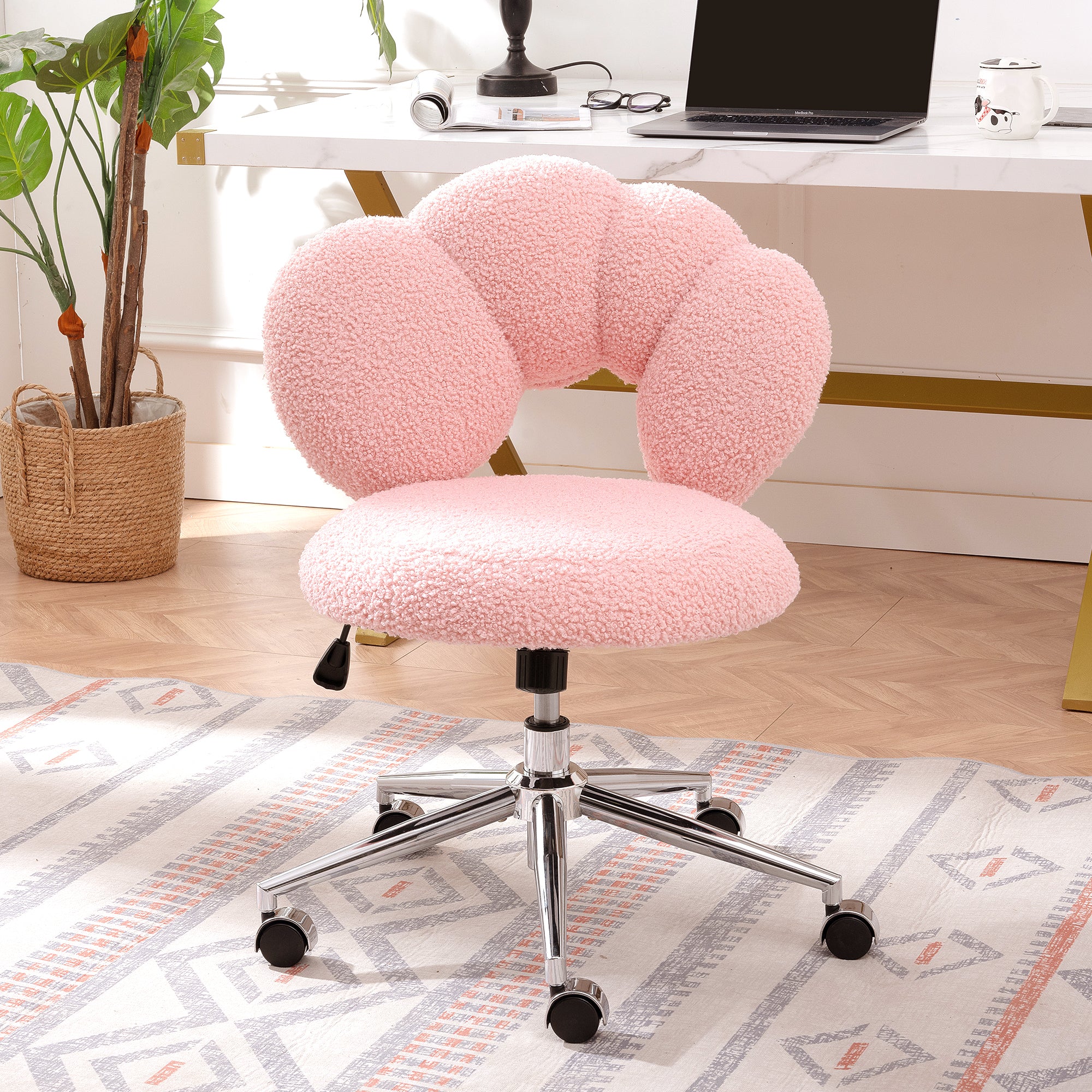 🆓🚛 Cozy Teddy Fabric Office Chair, Height Adjustable, Pink