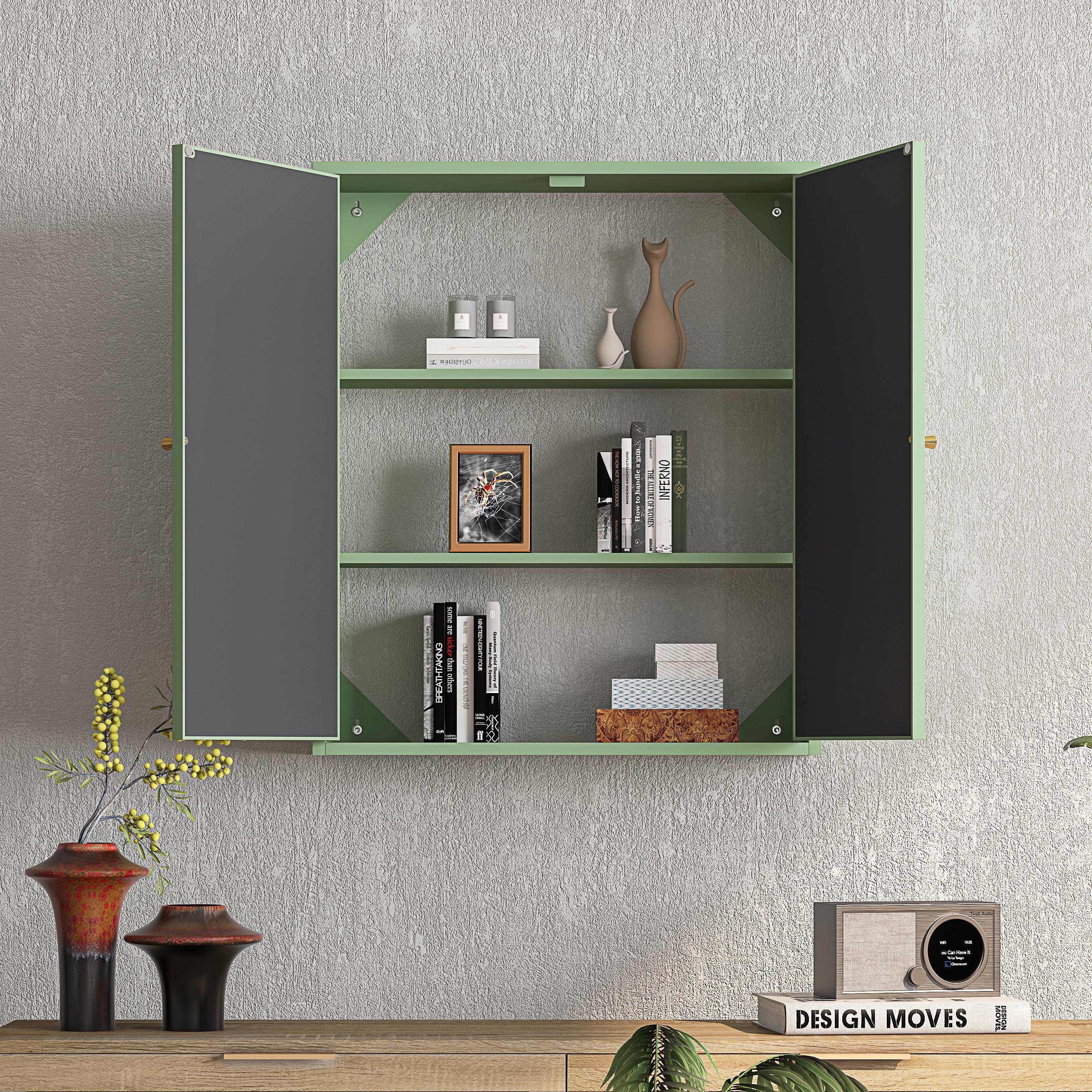 🆓🚛 23.62 "Vintage Two Door Wall Cabinet With Mirror, Three-Level Entrance Storage Space for Living Room, Bathroom, Dining Room, Green