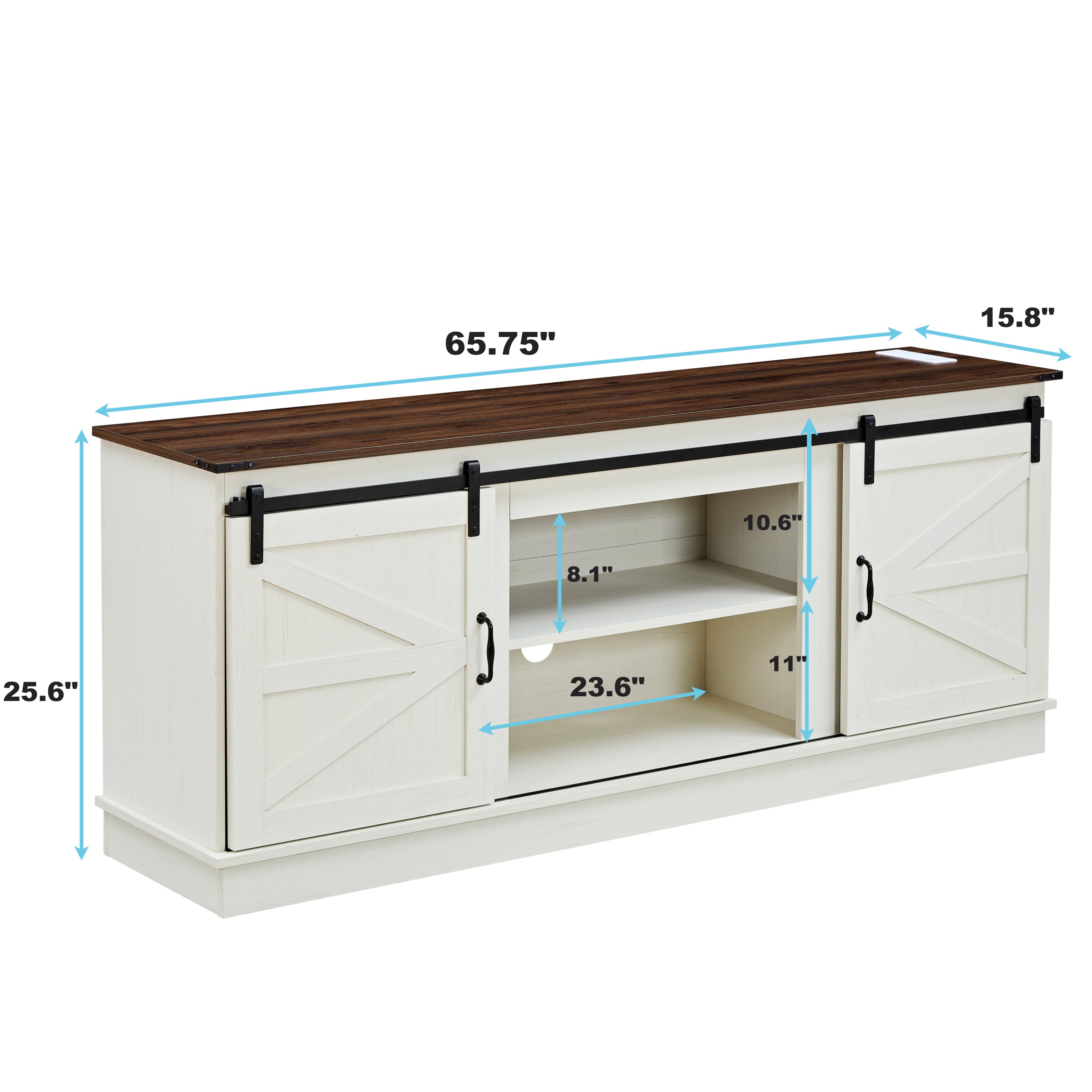 Farmhouse TV stand for 65/70/75-inch TV's with outlets, featuring a modern entertainment center design with a sliding barn door