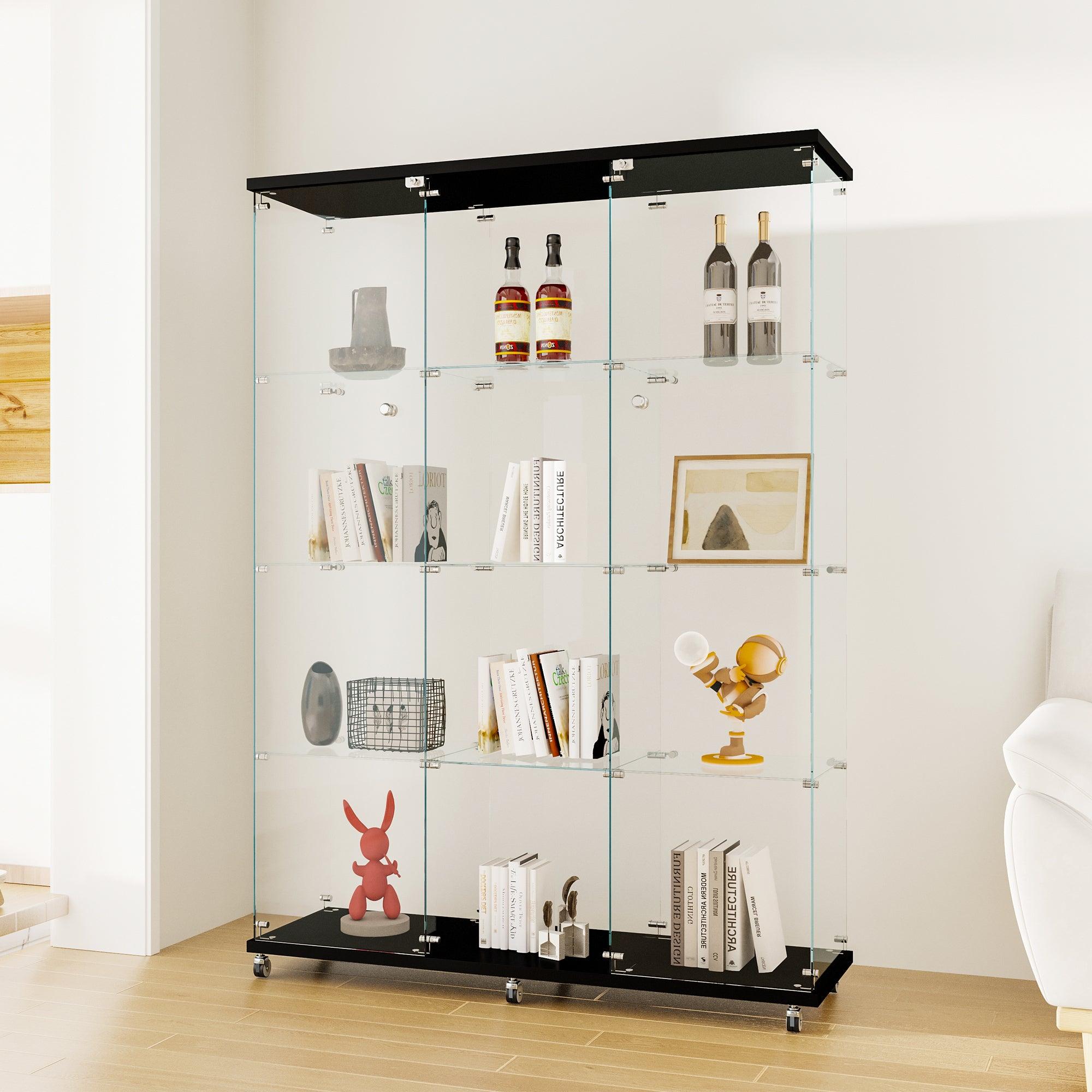 Glass Display Cabinet with 4 Shelves Extra Large, Curio Cabinets for Living Room, Bedroom, Office, Black Floor Standing Glass Bookshelf, Quick Installation