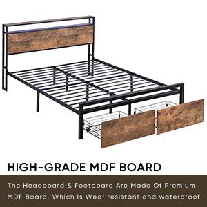 Full Size Bed Frame with Storage Headboard and 2 Drawers, LED Lights Bed with Charging Station, Metal Platform Bed No Noise