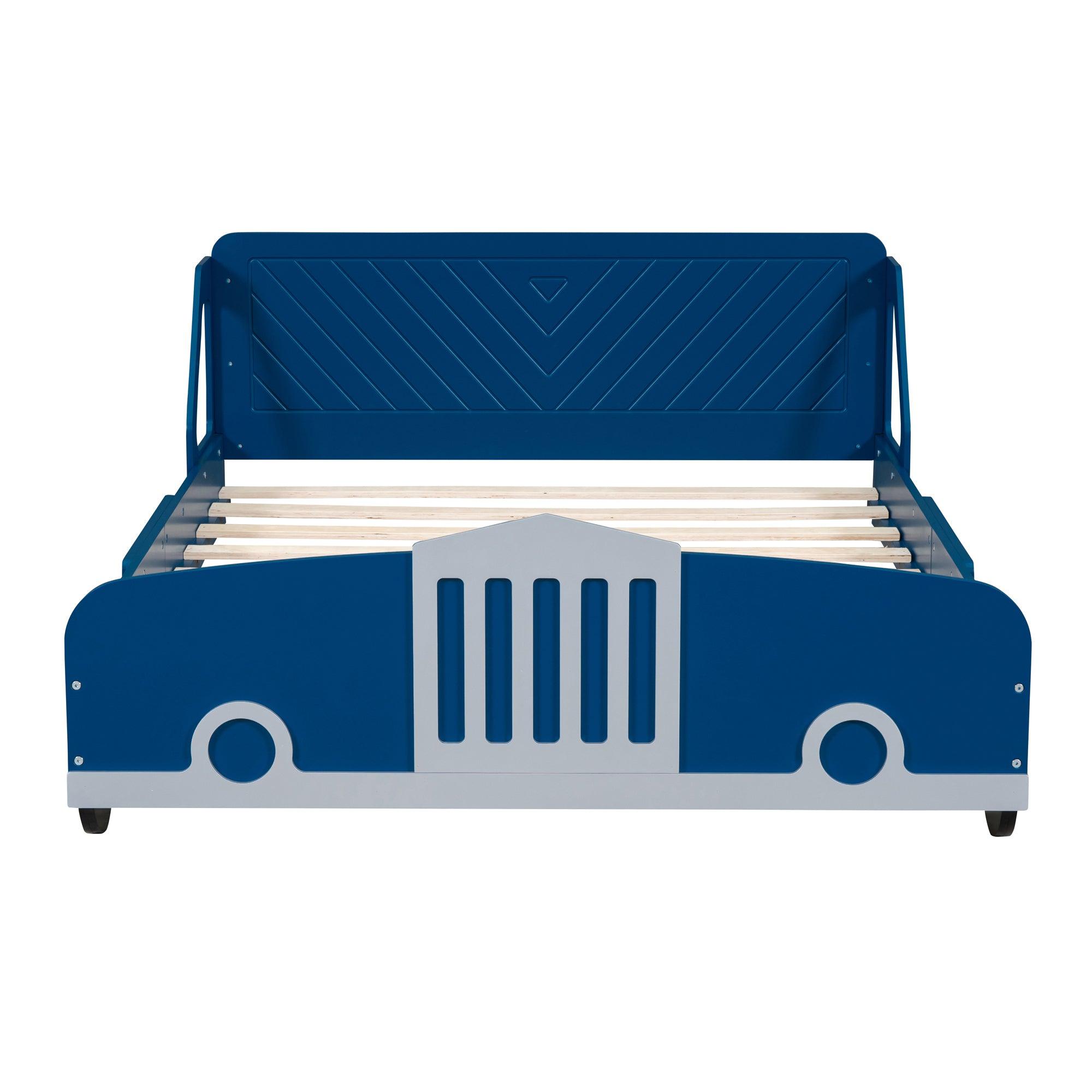 Full Size Car-Shaped Platform Bed with Wheels, Blue