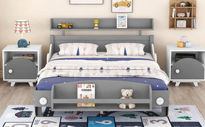 Full Size Car-Shaped Platform Bed, Full Bed with Storage Shelf for Bedroom, Gray