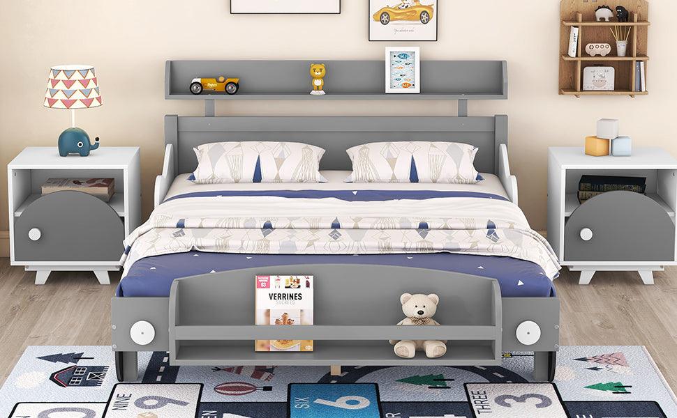 Full Size Car-Shaped Platform Bed, Full Bed with Storage Shelf for Bedroom, Gray