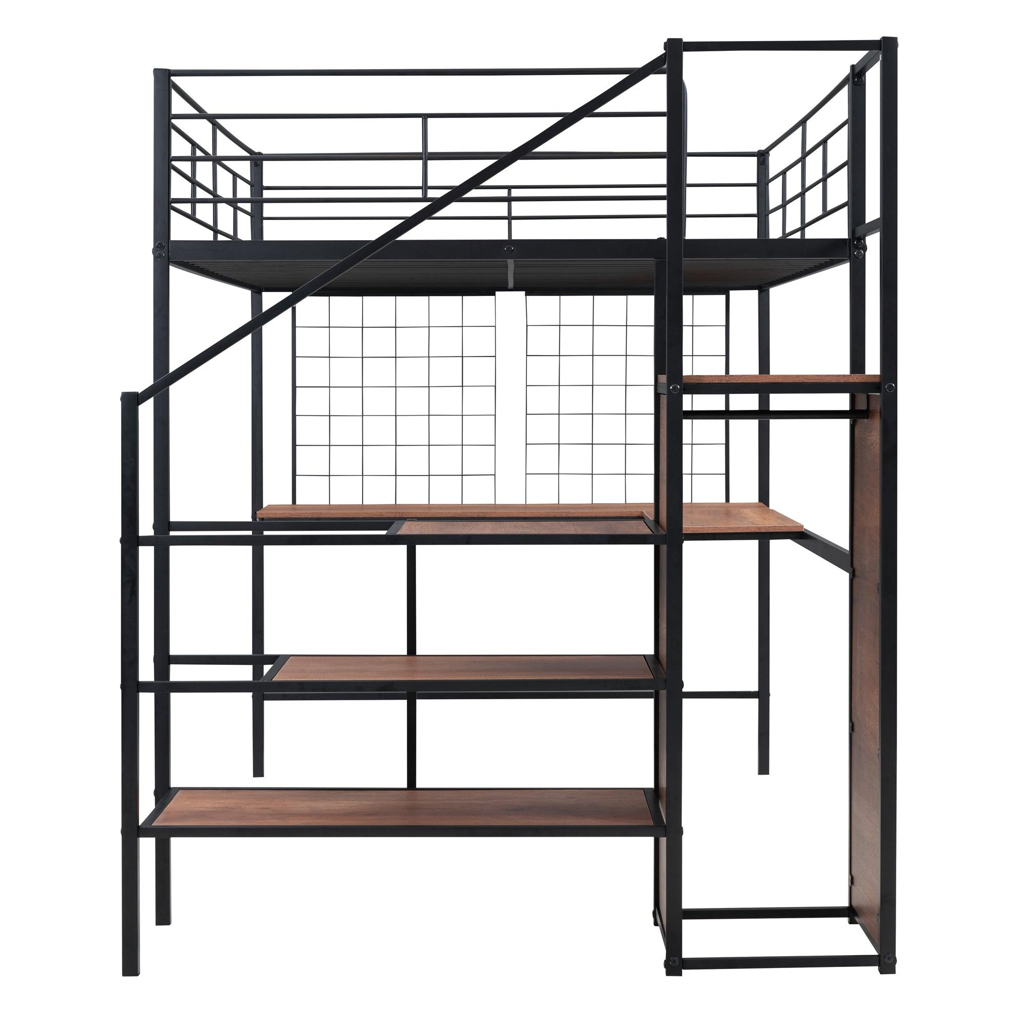 Full Size Metal Loft Bed with Desk and Metal Grid, Stylish Metal Frame Bed with Lateral Storage Ladder and Wardrobe, Black