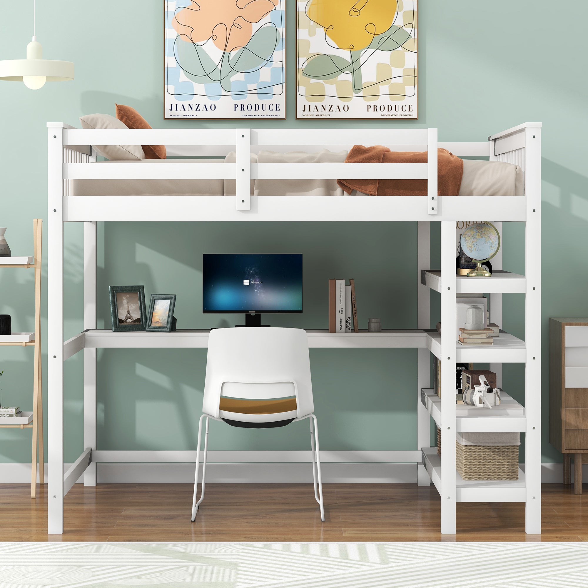 🆓🚛 Full Size Loft Bed With Storage Shelves and Under-Bed Desk, White