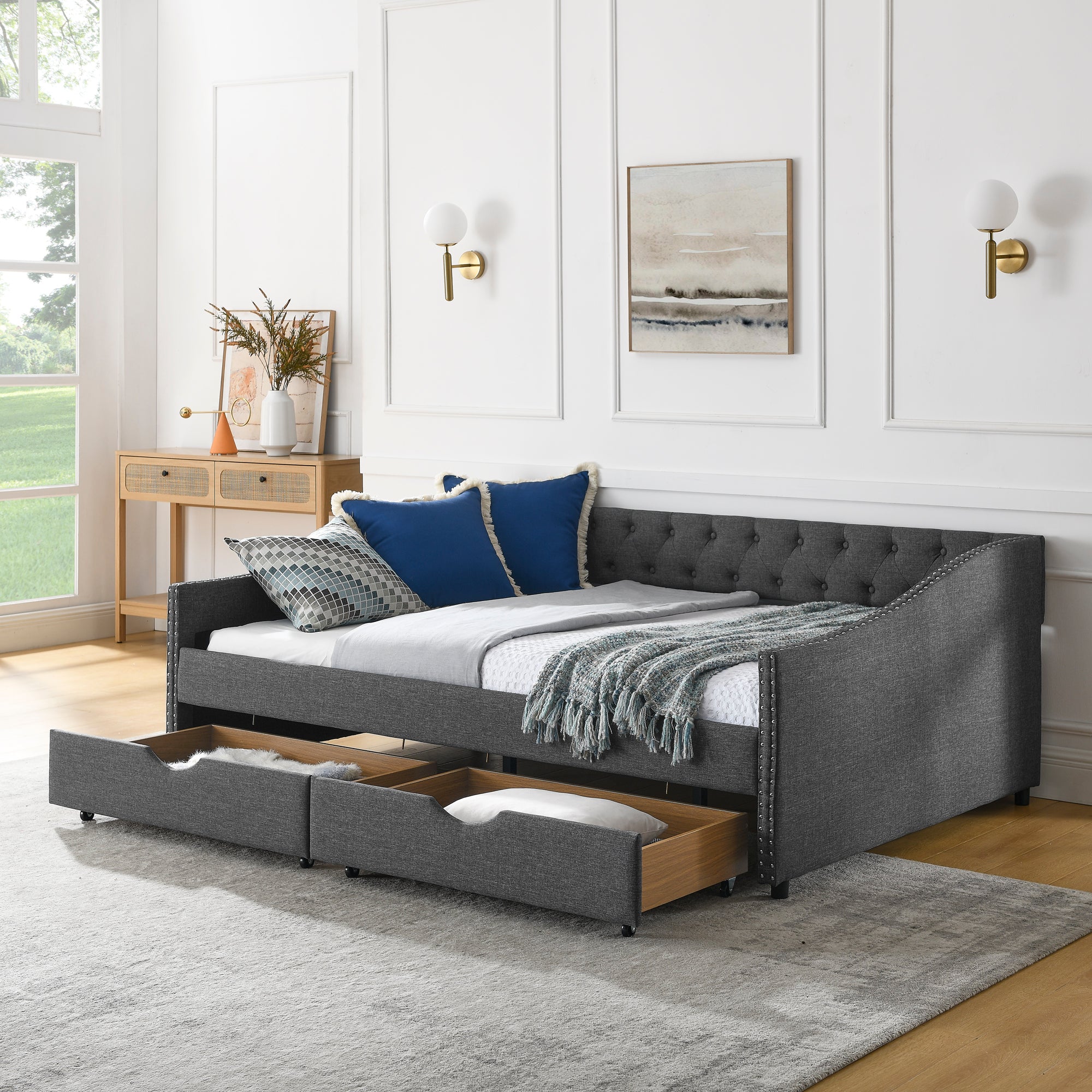 🆓🚛 Full Size Daybed With Drawers Upholstered Tufted Sofa Bed, With Button On Back and Copper Nail On Waved Shape Arms, Light Gray