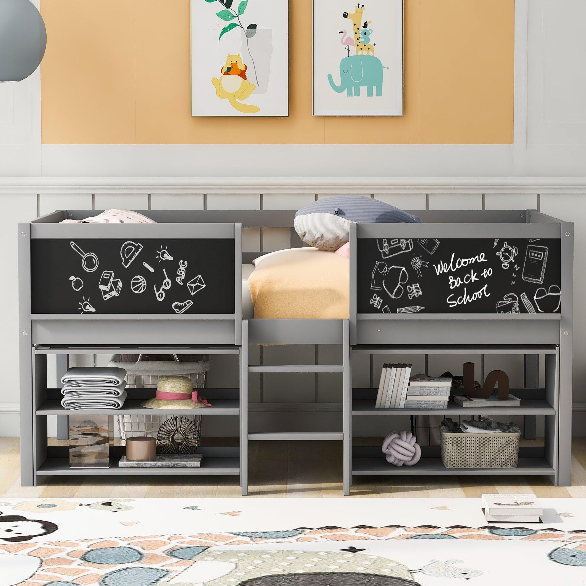 🆓🚛 Twin Size Low Loft Bed With Two Movable Shelves & Ladder, With Decorative Guardrail Chalkboard, Gray