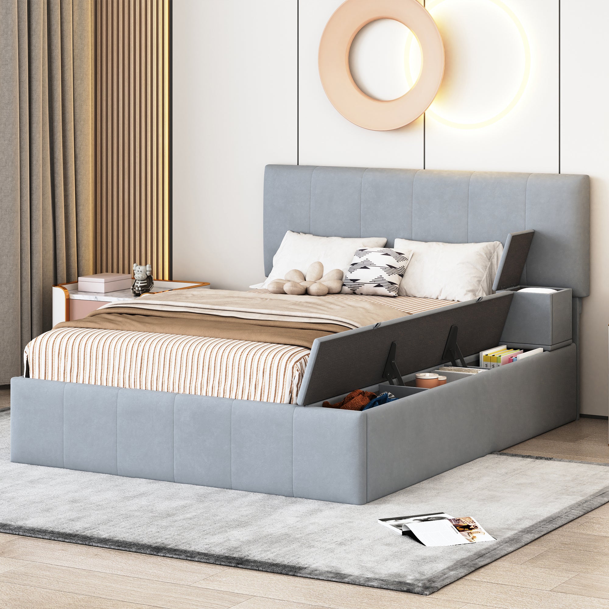 🆓🚛 Full Size Upholstered Platform Bed With Lateral Storage Compartments and Thick Fabric, Velvet, Gray