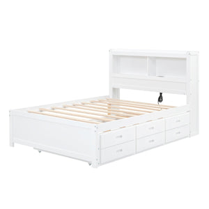 Full Size platform bed with trundle, drawers and USB plugs, White