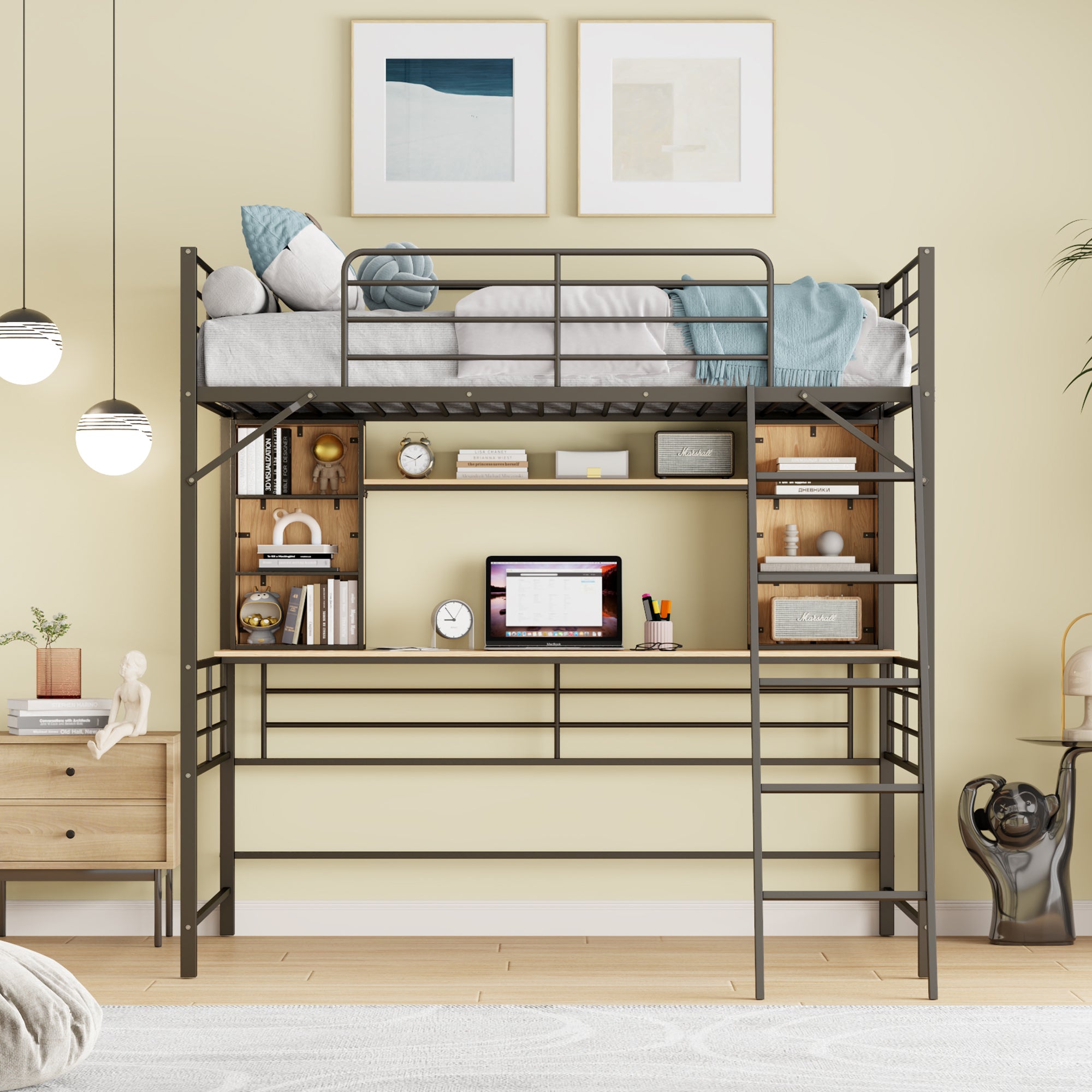 Full Size Loft Bed with Desk and Shelf, Loft Bed with Ladder, Full, Black