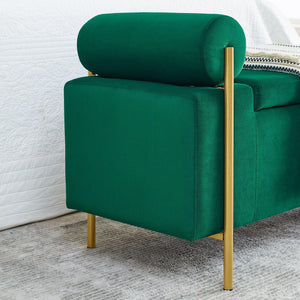 Elegant Upholstered Linen Storage Bench W/ Cylindrical Arms & Iron Legs For Hallway Living Room Bedroom - Green