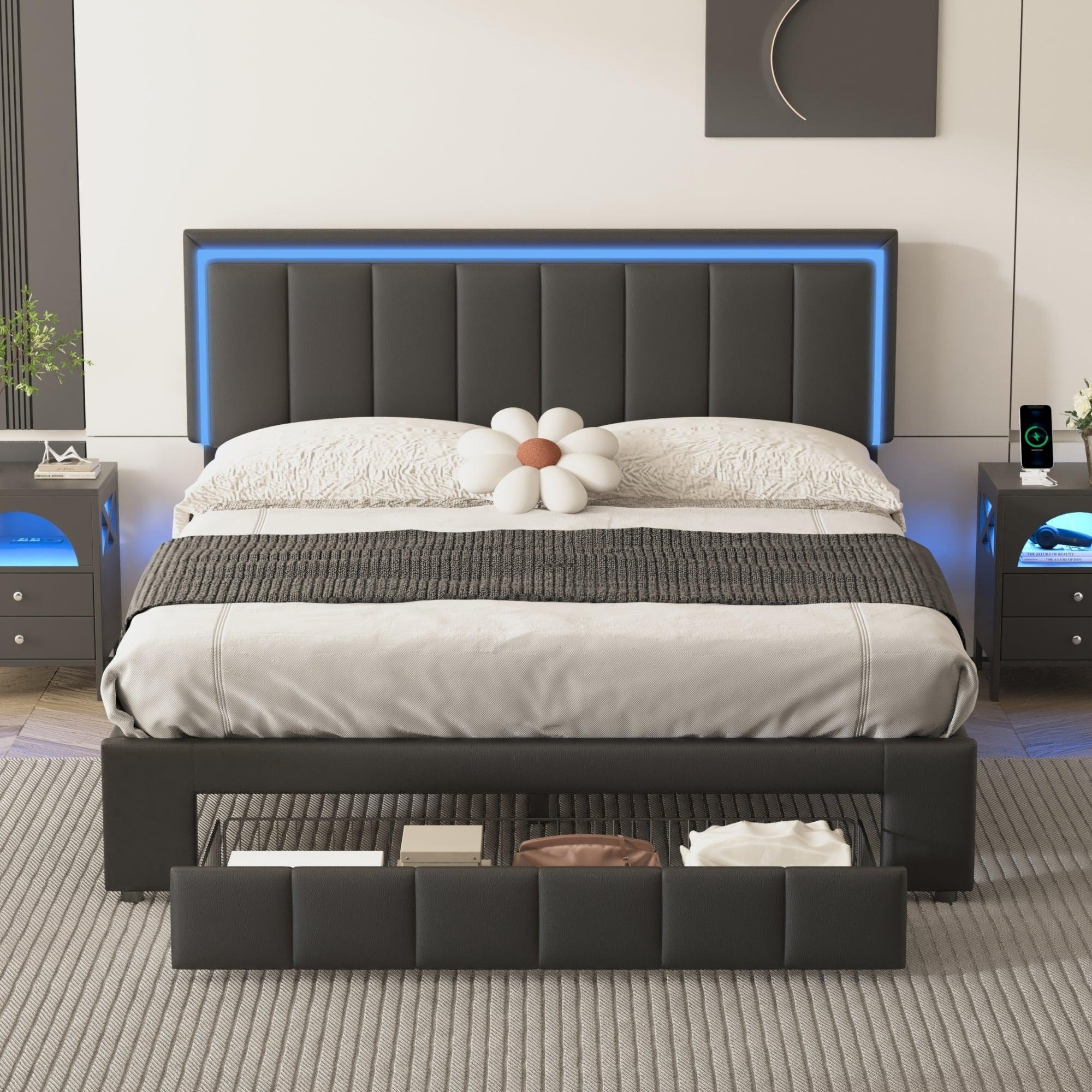 🆓🚛 Upholstered Platform Bed With Led Lights & Two Motion Activated Night Lights, Queen Size Storage Bed With Drawer, Black