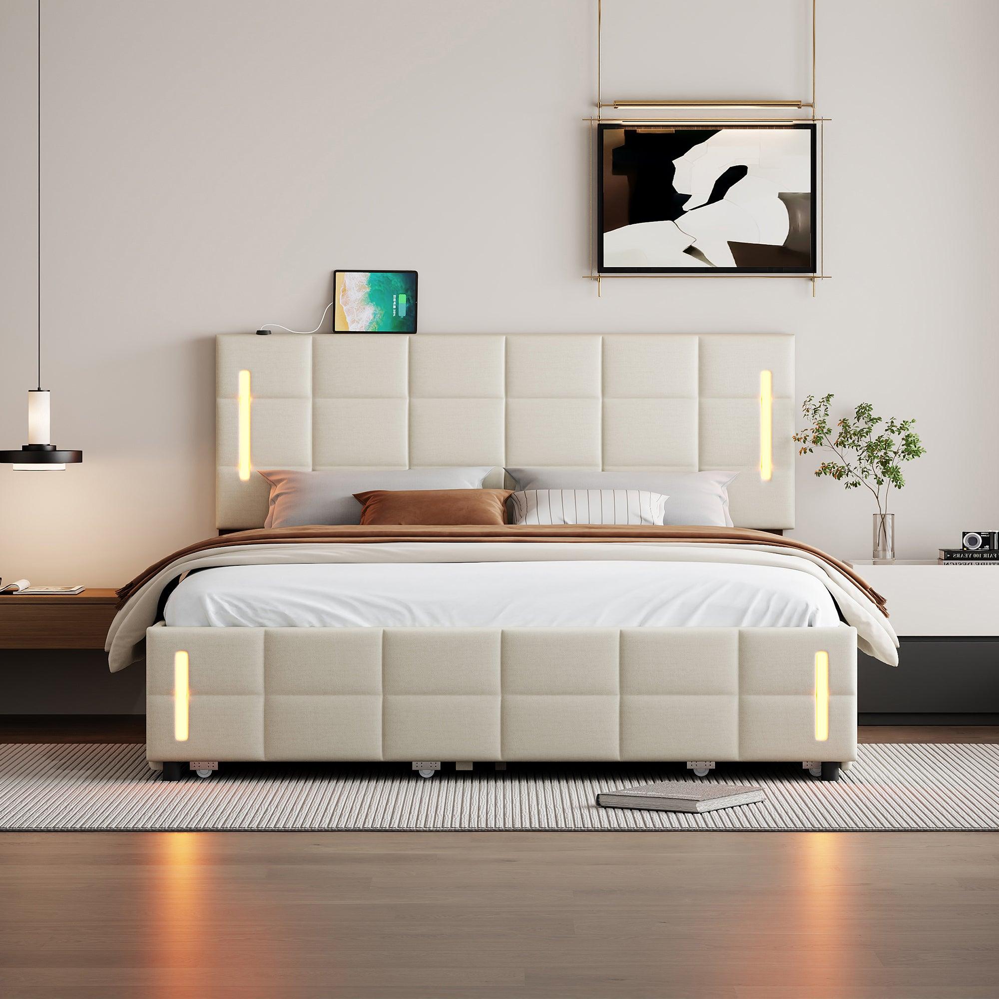 🆓🚛 Queen Size Upholstered Platform Bed With Trundle & Drawers, Beige