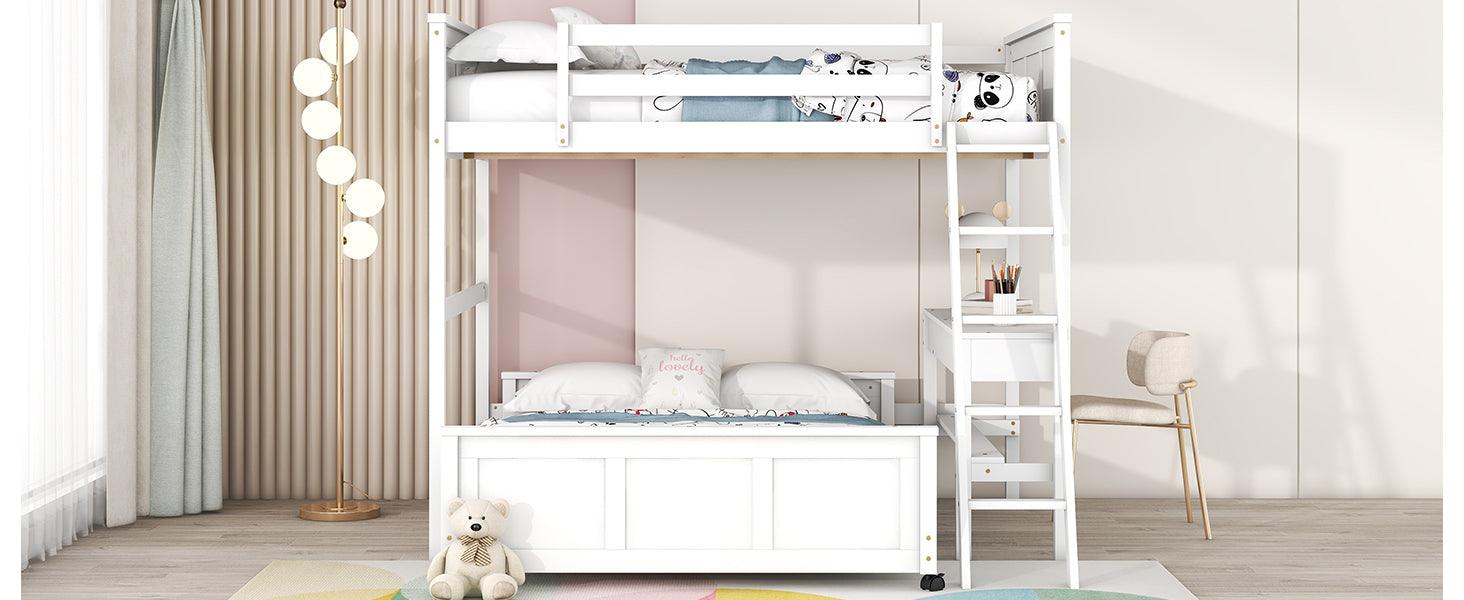 Full Over Full Bunk Bed with Desk, White