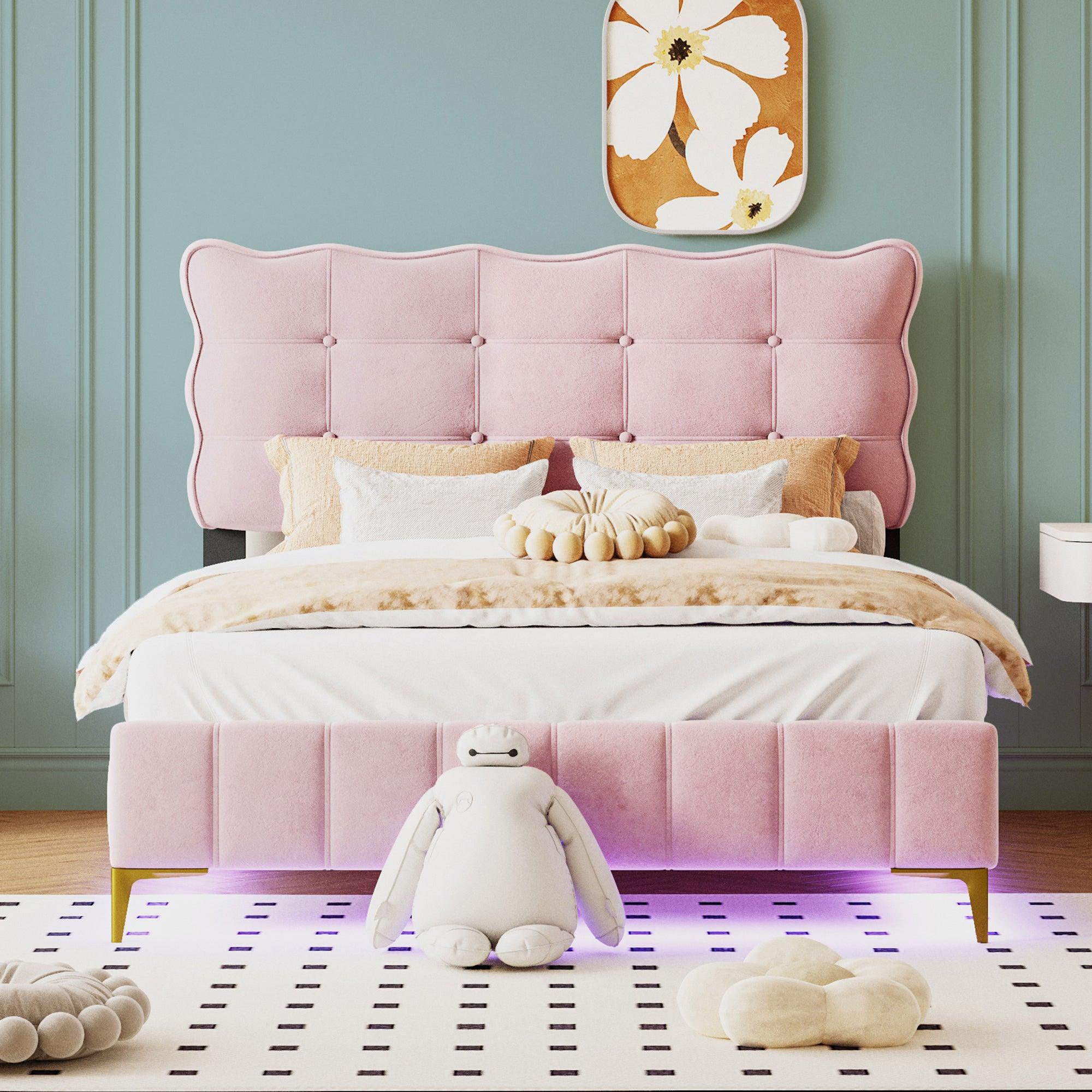 🆓🚛 Full Size Velvet Platform Bed With Led Frame and Stylish Mental Bed Legs, Pink