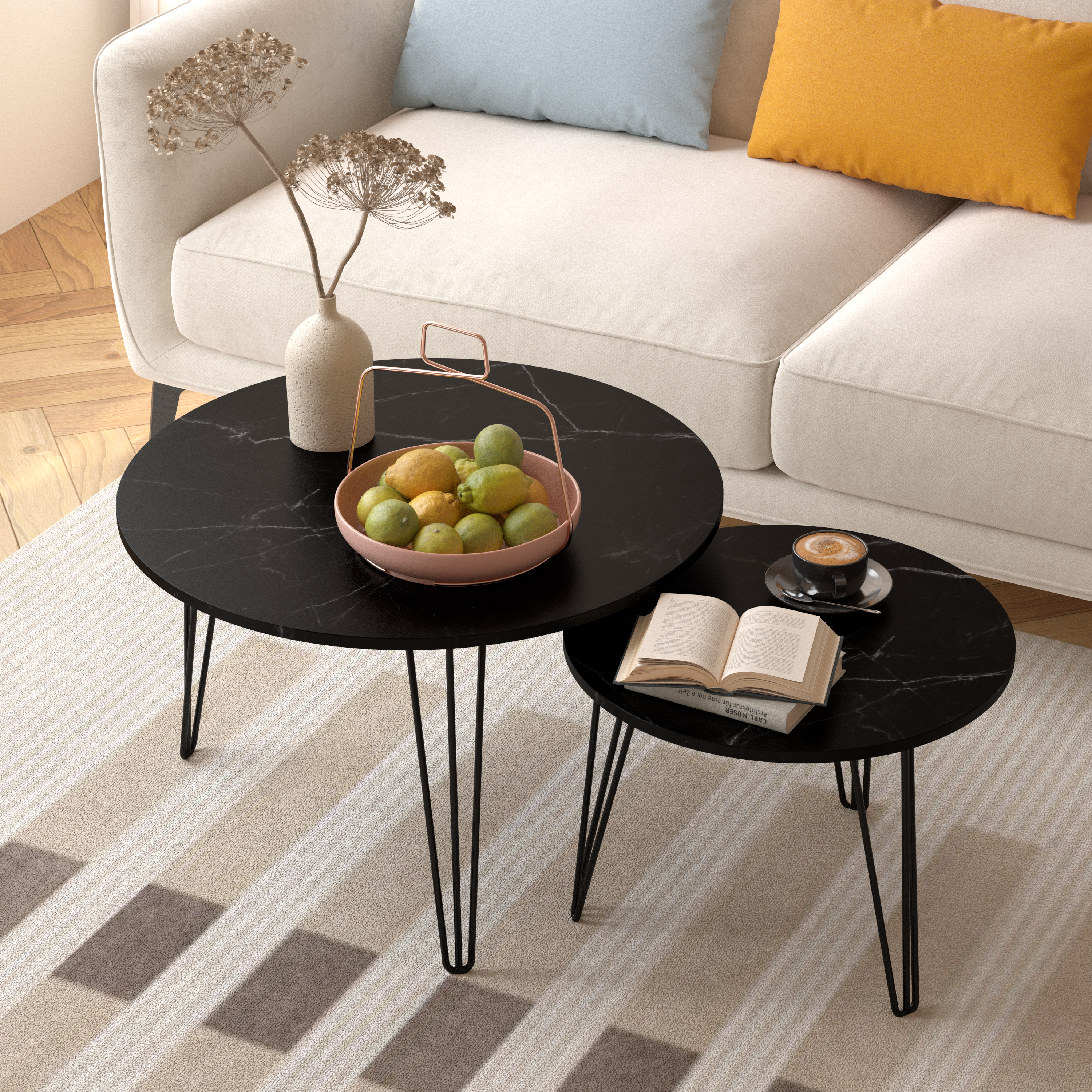 27.56'' Round Nesting Coffee Table Set of 2, Circular Nesting End Table Set, Round Marble Tabletop, and Sturdy Metal Base for Living Room, Bedroom, Black