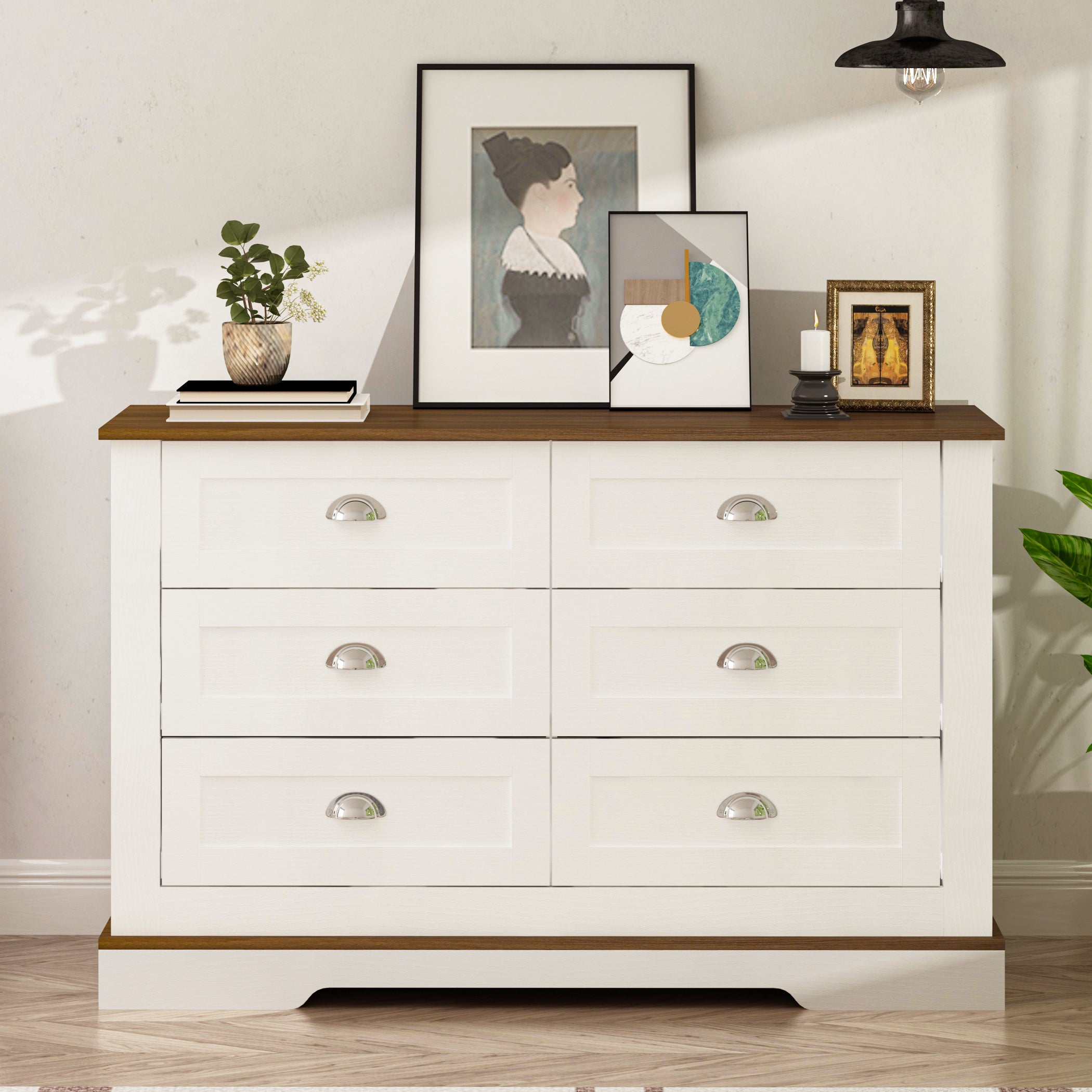🆓🚛 Drawer Dresser Cabinet, Sideboard, Bar Cabinet, Buffet Server Console, Table Storage Cabinets, Metal Handle In The Shape of Silver Shell, White + Brown