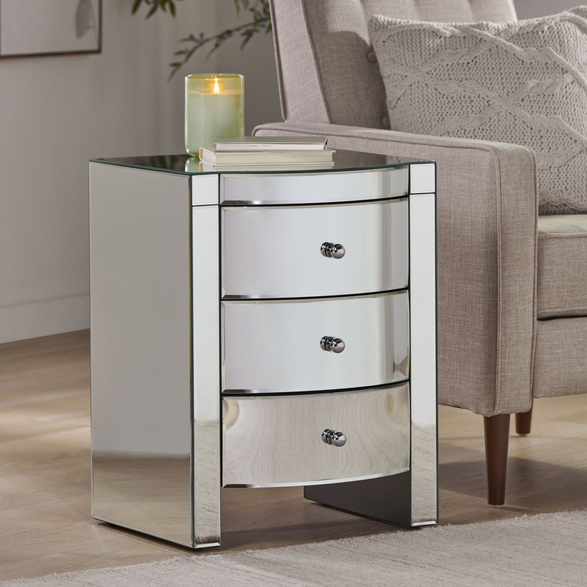 18.75'' Mirrored Nightstand With 3 Drawers, Bed Side Table for Bedroom, Large Modern Night Stand With Storage Drawers, Mirrored Furniture for Living Room, Mirror-Finished