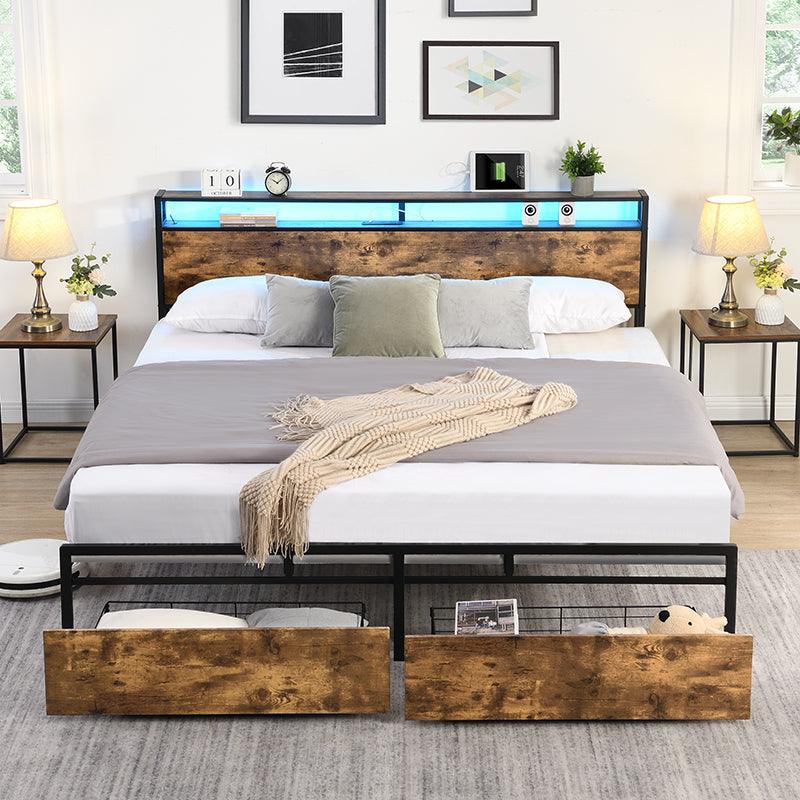 🆓🚛 Full Bed Frame, Storage Headboard With Charging Station, Solid and Stable, Rustic Brown