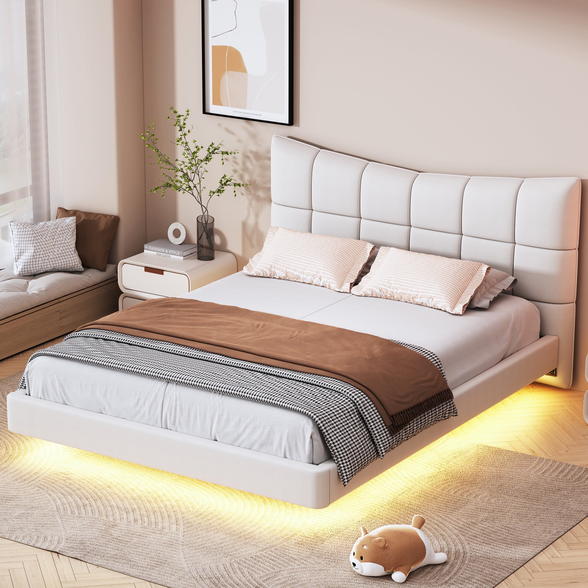 Full Size Upholstered Platform Bed with LED Lights, USB Ports and Outlets, Linen Fabric, Beige