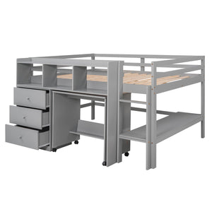 Full Size Low Loft Bed with Rolling Portable Desk, Drawers and Shelves, Gray