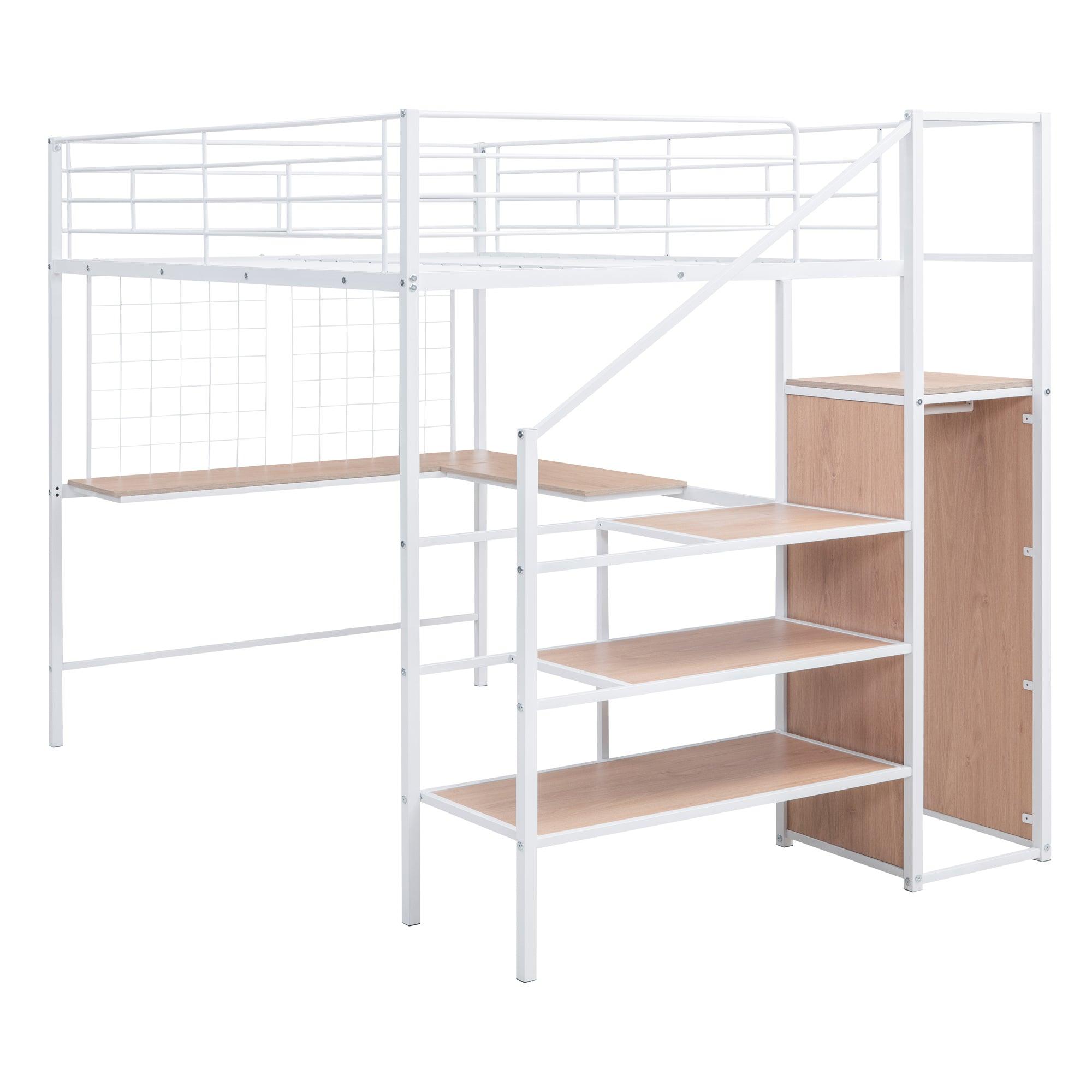 Full Size Metal Loft Bed with Desk and Metal Grid, Stylish Metal Frame Bed with Lateral Storage Ladder and Wardrobe, White