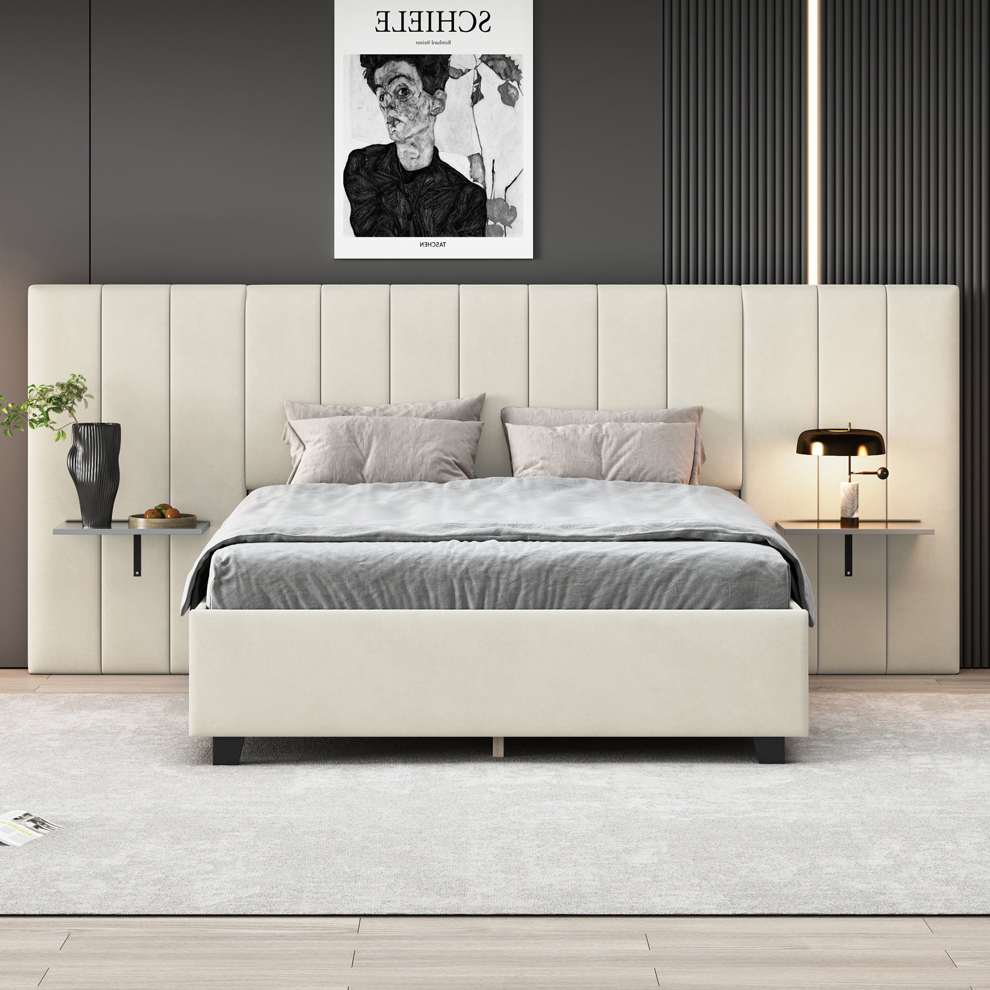 🆓🚛 Queen Size Upholstered Platform Bed with Big Headboard, Bedroom Furniture, Velvet, Beige
