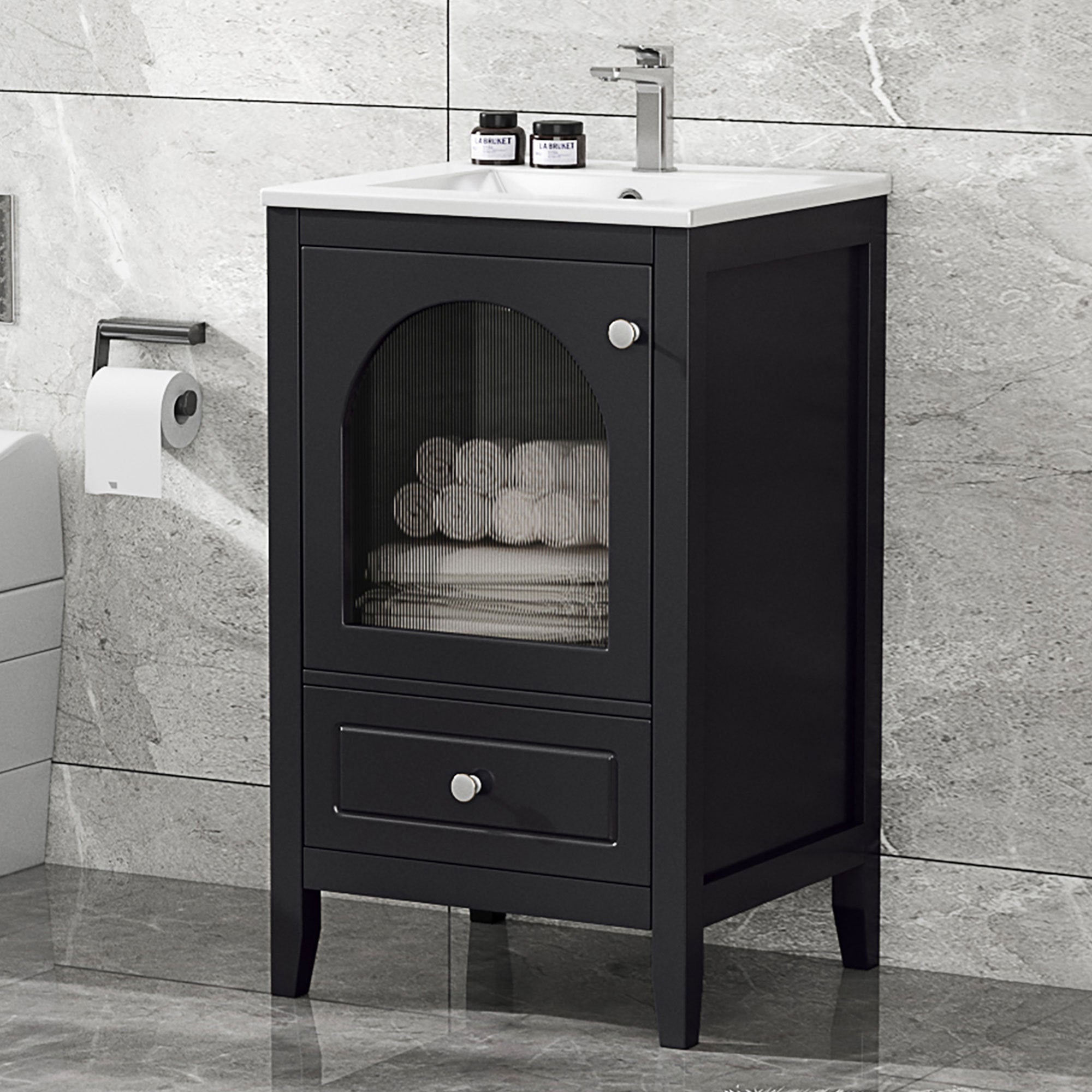 20" Bathroom Vanity With Sink, Bathroom Cabinet With Soft Closing Glass Door, a Drawer, Black