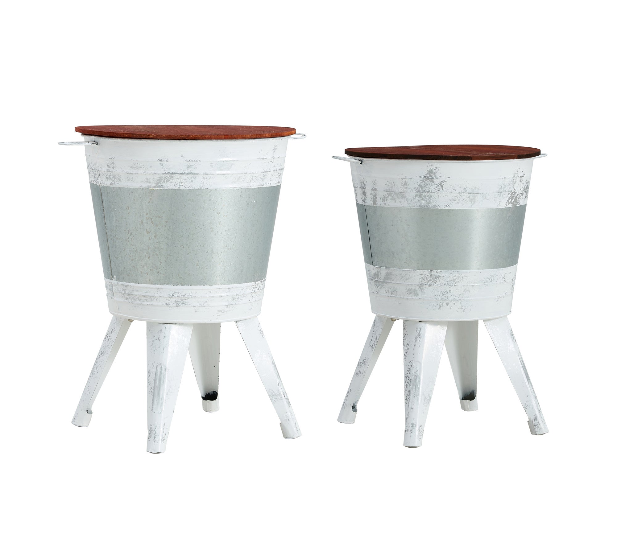🆓🚛 Farmhouse Rustic Distressed Metal Accent Cocktail Table With Wood Top, White, Set of 2