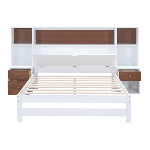 Full Size Platform Bed with Storage Headboard and Drawers, White