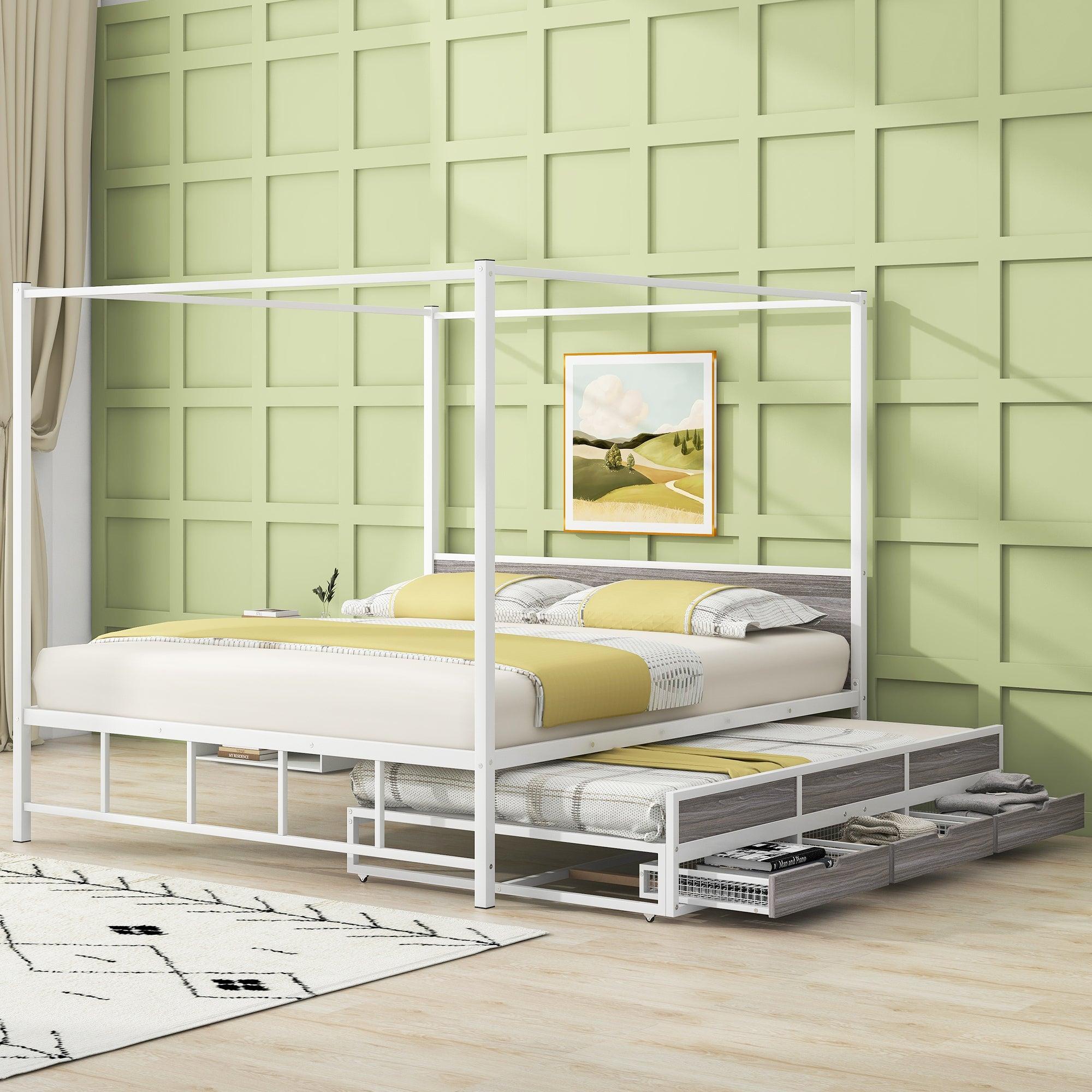 🆓🚛 Queen Size Metal Canopy Platform Bed With Twin Size Trundle & 3 Storage Drawers, White