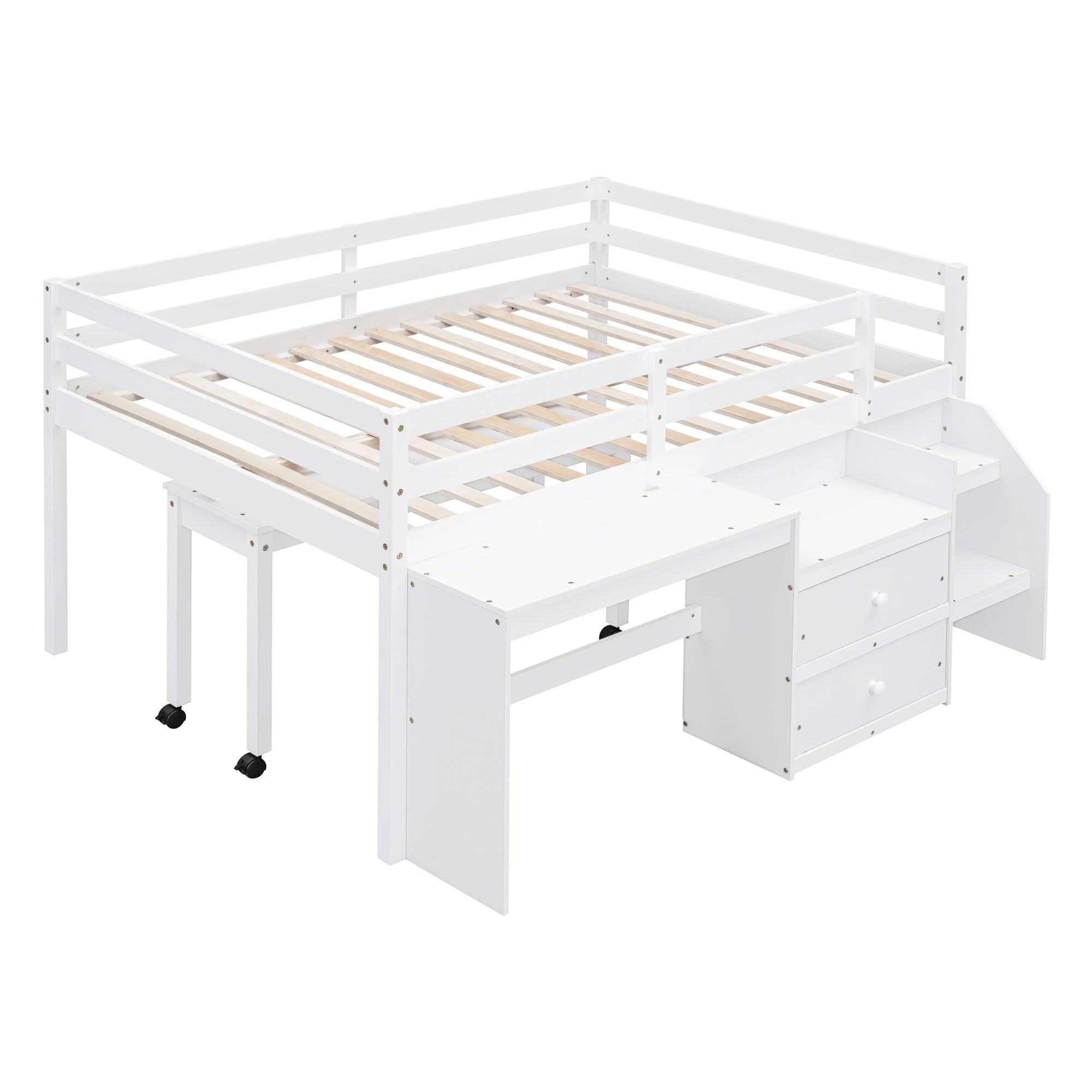 Full Size Loft Bed with Desk and Drawers, Wooden Loft Bed with Lateral Portable Desk, White