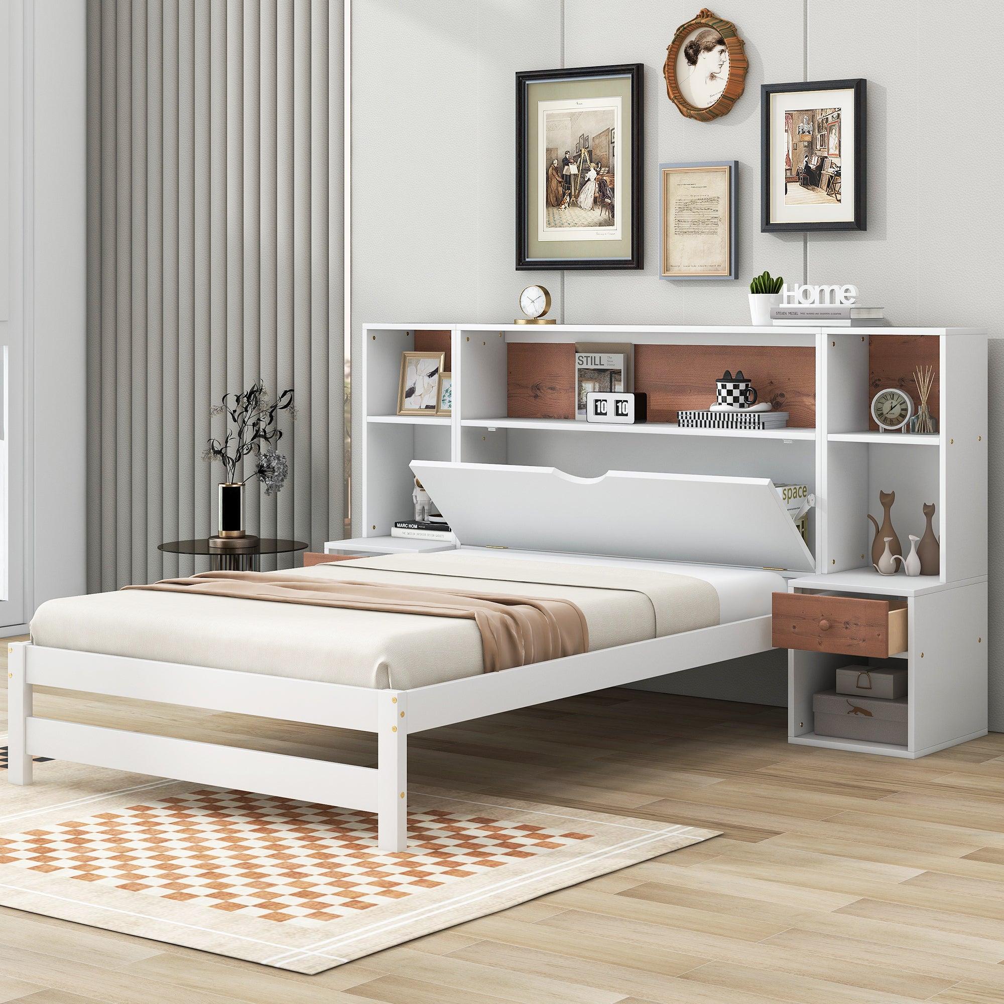 🆓🚛 Twin Size Platform Bed With Storage Headboard & Drawers, White