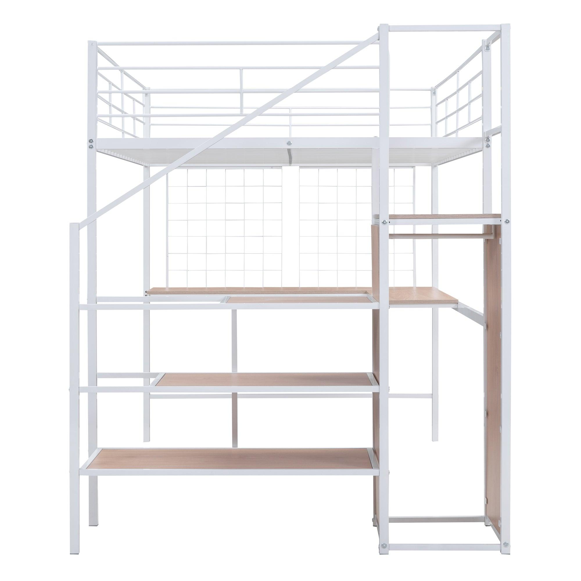 Full Size Metal Loft Bed with Desk and Metal Grid, Stylish Metal Frame Bed with Lateral Storage Ladder and Wardrobe, White