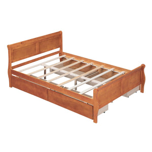 Full Size Wood Platform Bed with 4 Drawers and Streamlined Headboard & Footboard, Oak